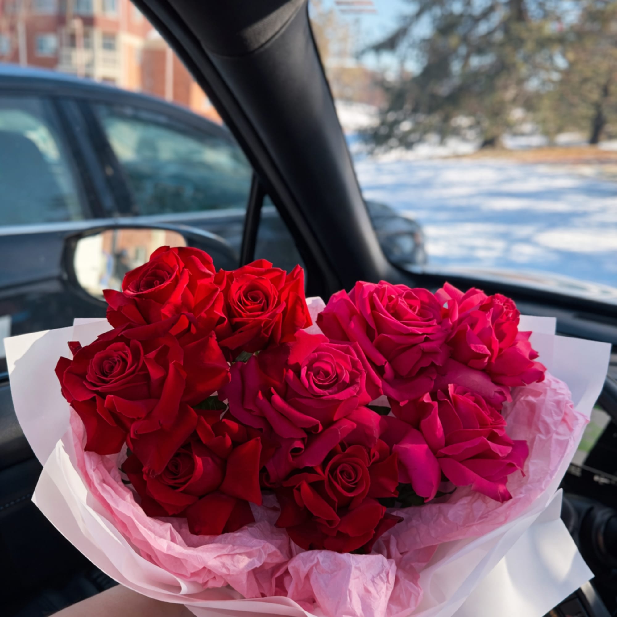 A fresh bouquet of red and pink roses, beautifully wrapped and ready