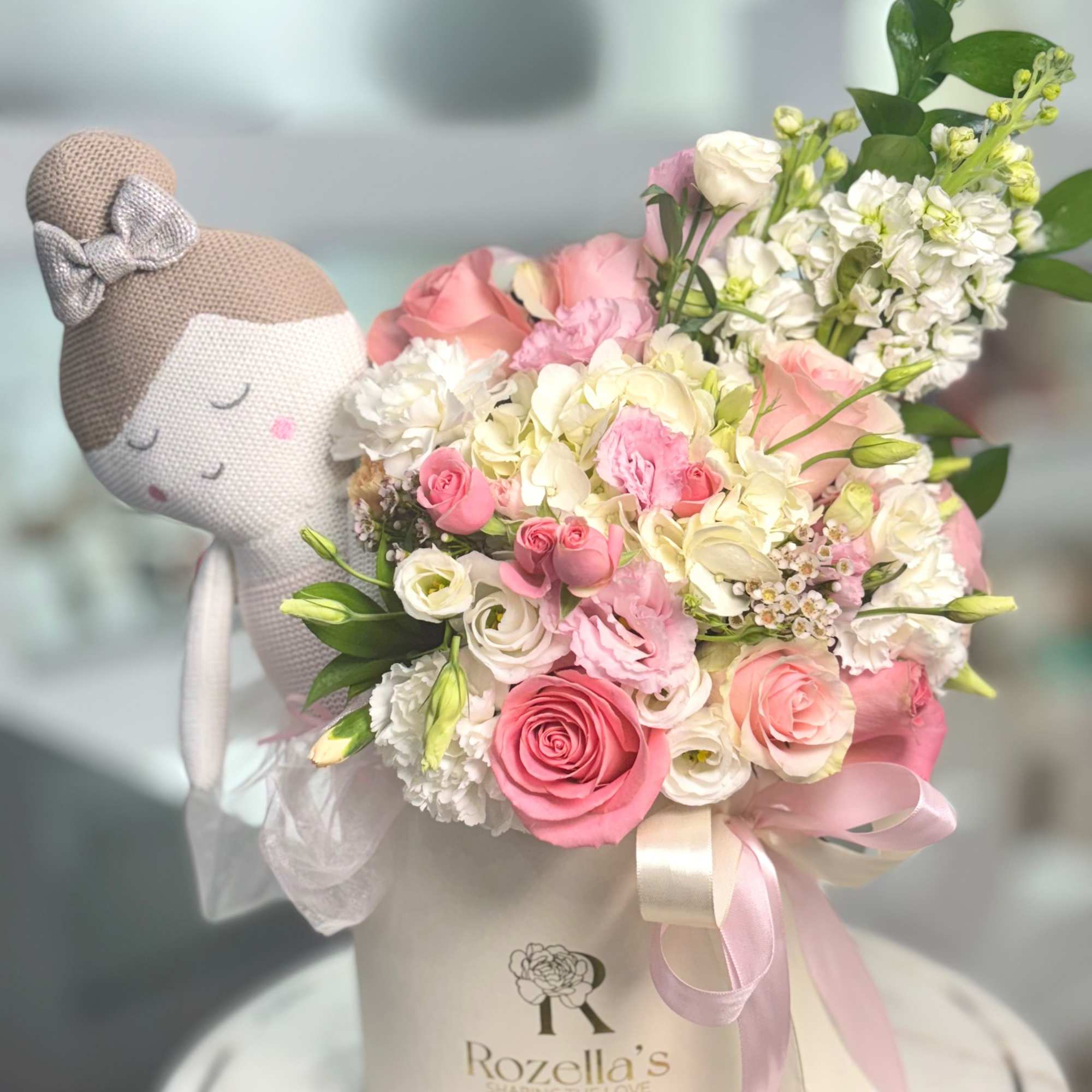 Mix of carnations,roses,hydrangeas in one of our "Rozella's" boxes along with a