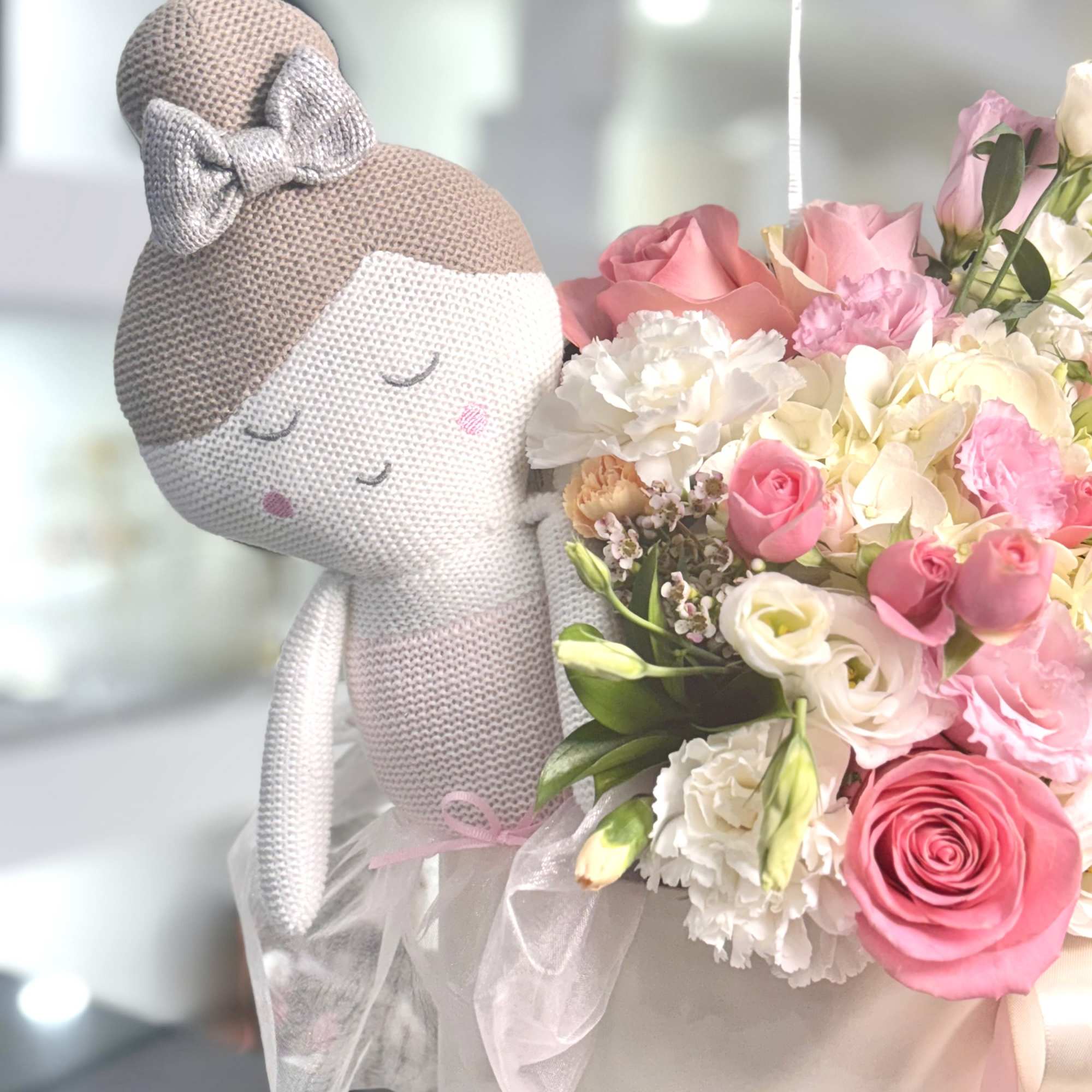 Mix of carnations,roses,hydrangeas in one of our "Rozella's" boxes along with a