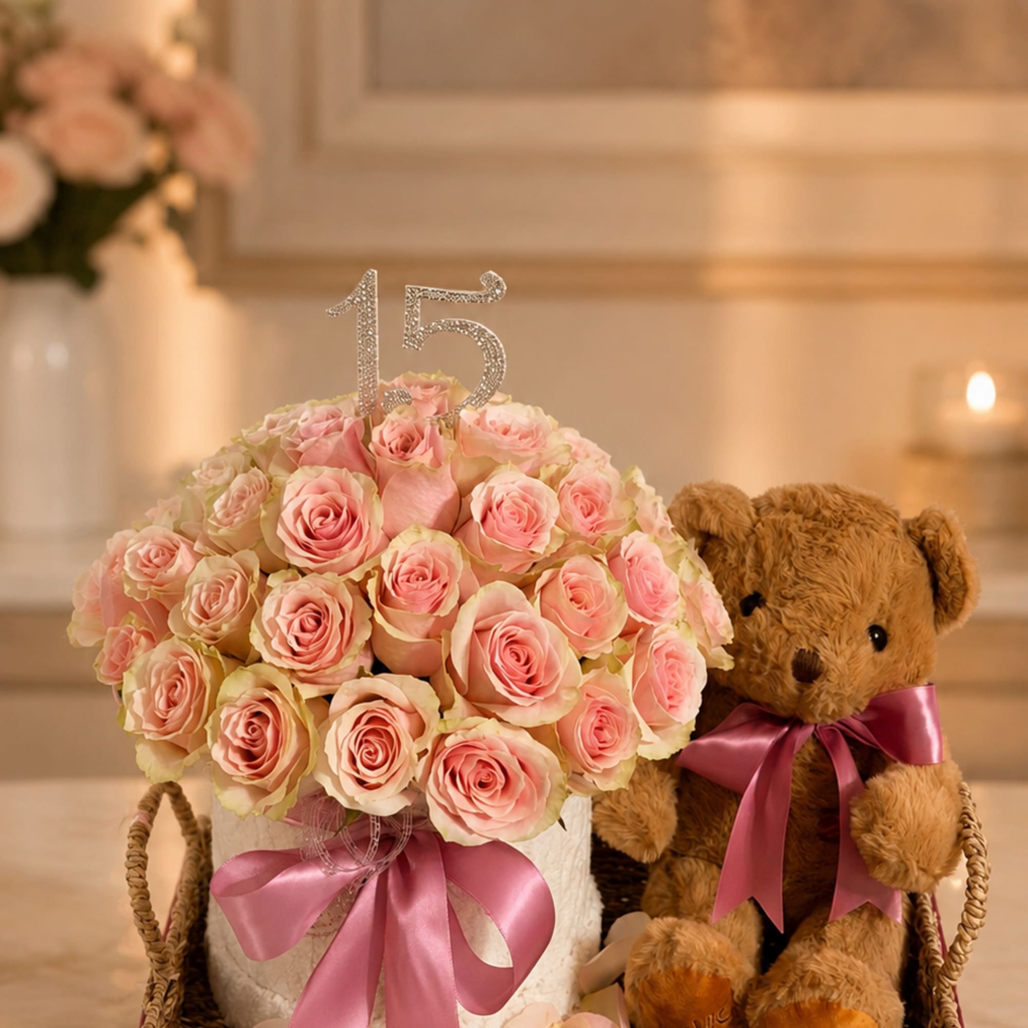 A soft dome of blush roses arranged in a woven basket makes
