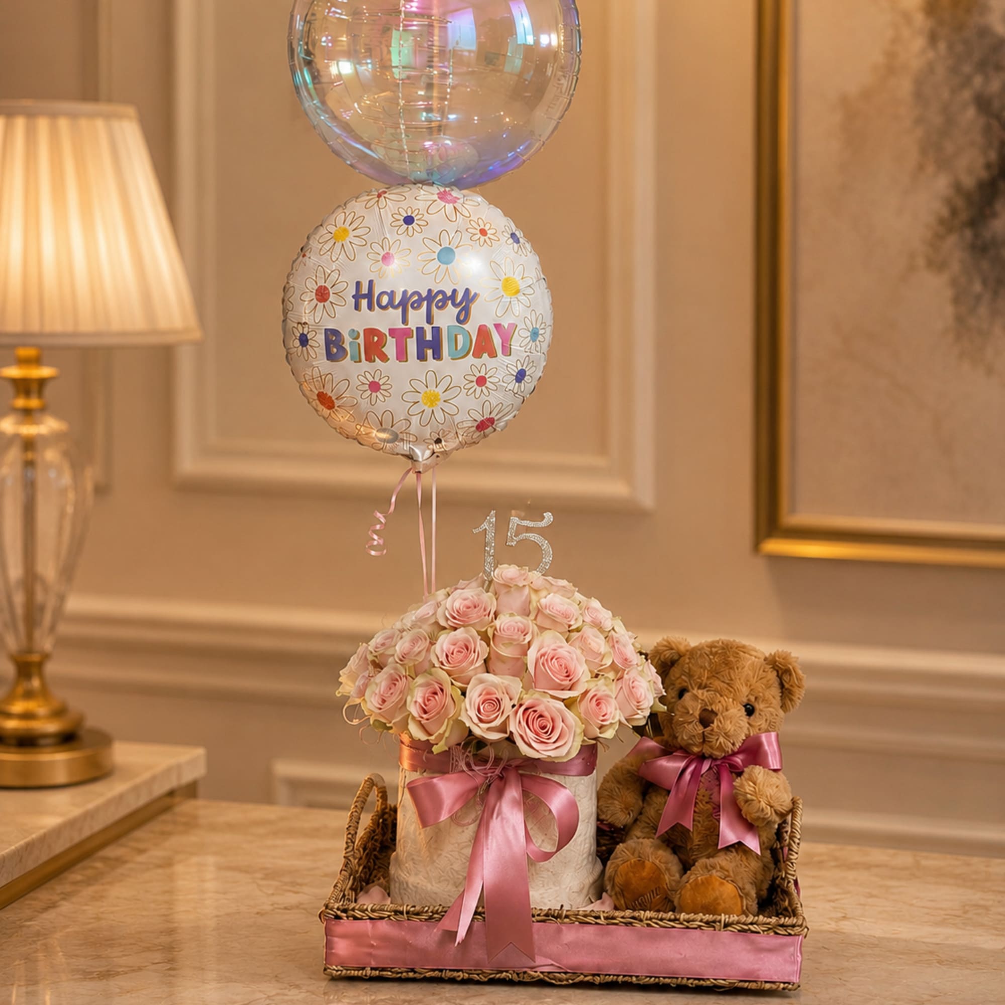 A soft dome of blush roses arranged in a woven basket makes