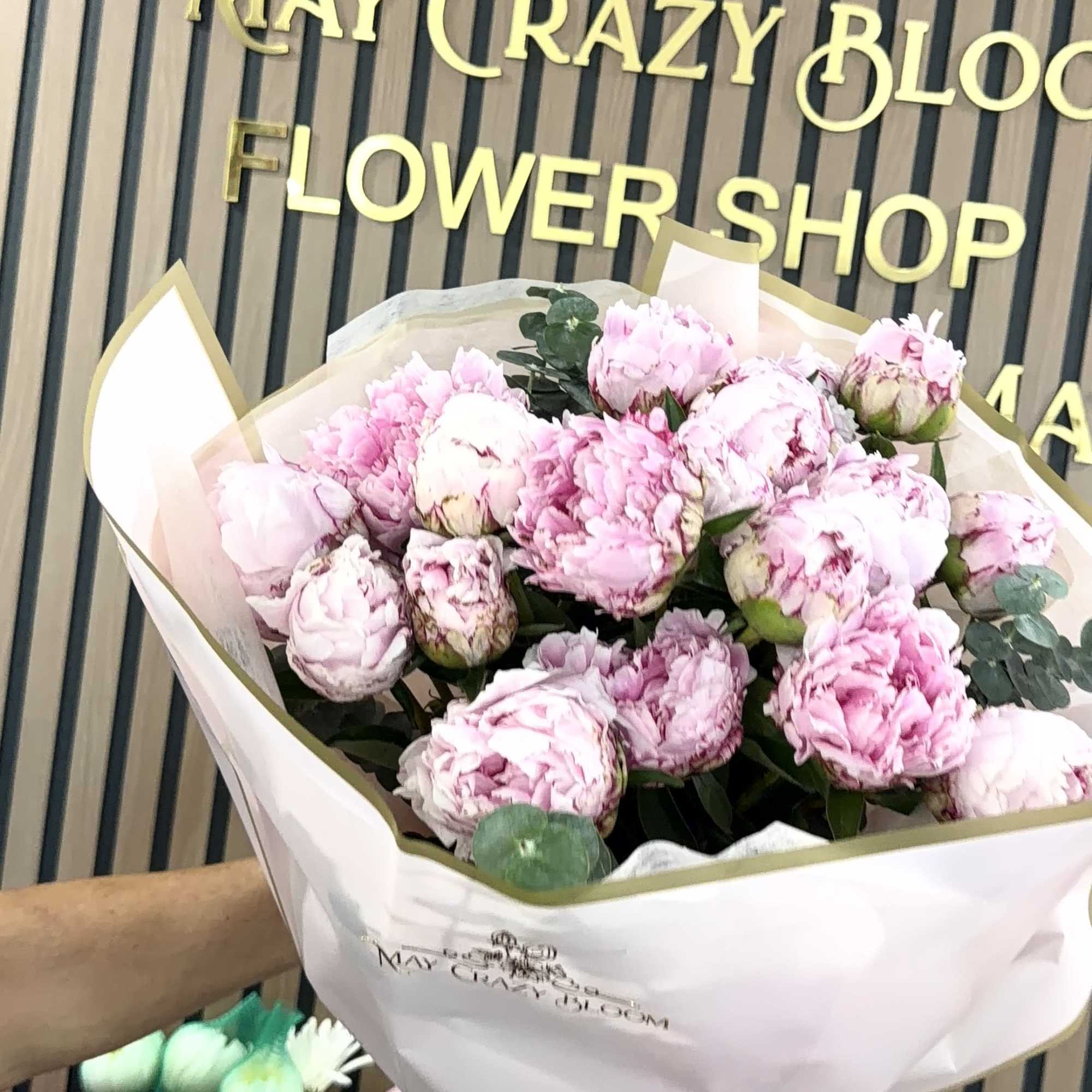 A lush cluster of blush and soft pink peonies creates an immediate