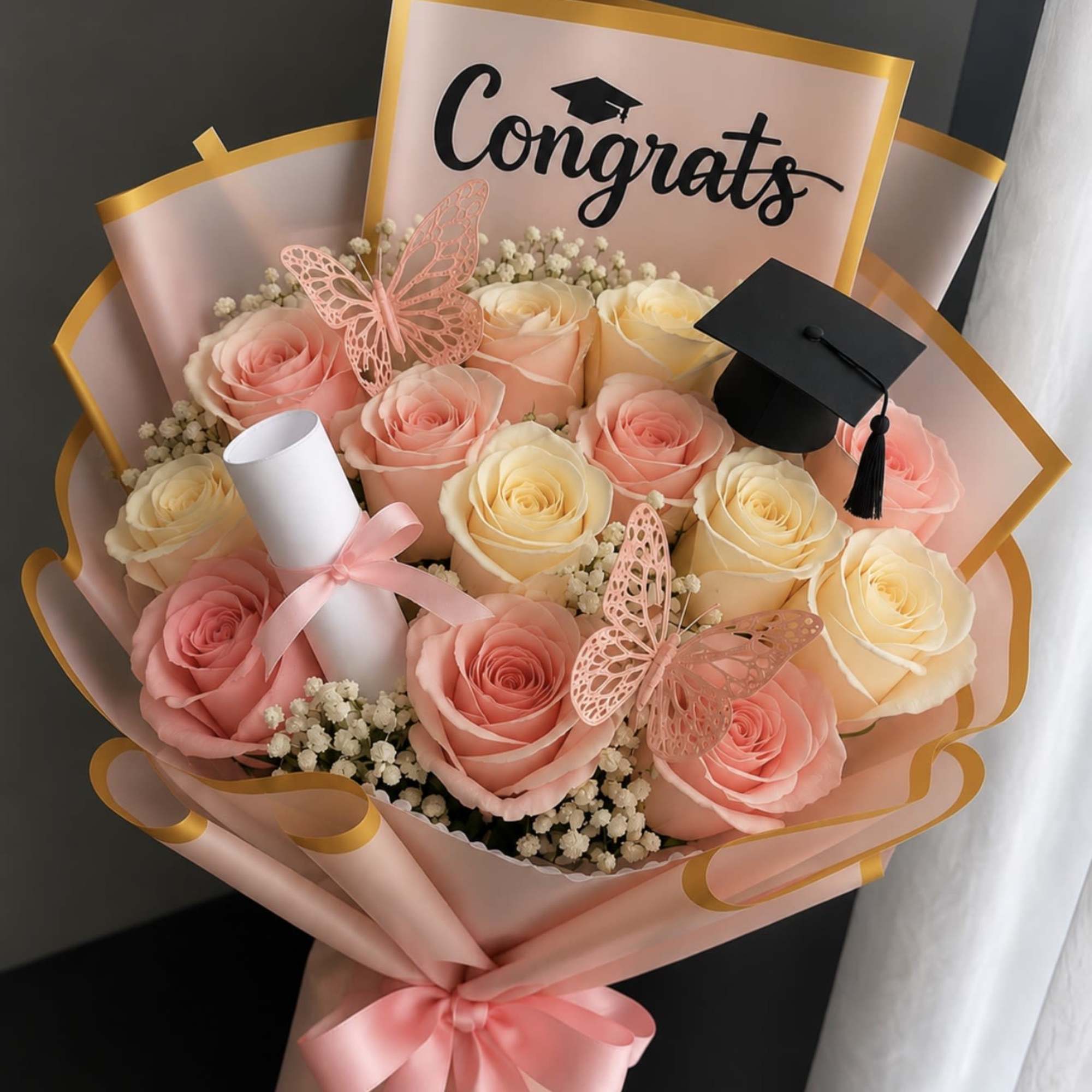 Tightly packed blush, pink and cream roses form a rounded graduate bouquet