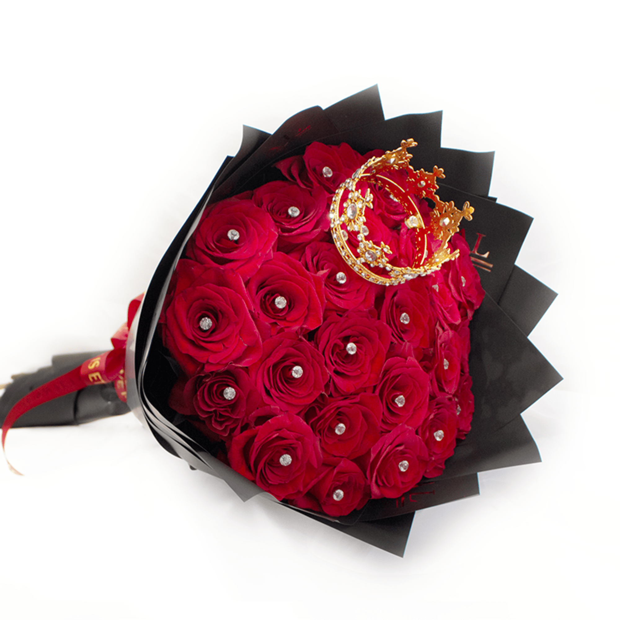 Bouquet of red roses wrapped in black paper with a gold crown