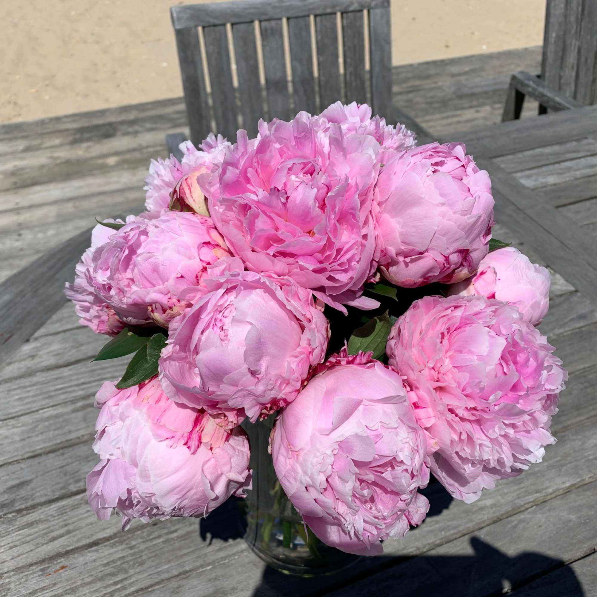 Bouquet of pink peonies in a clear glass vase