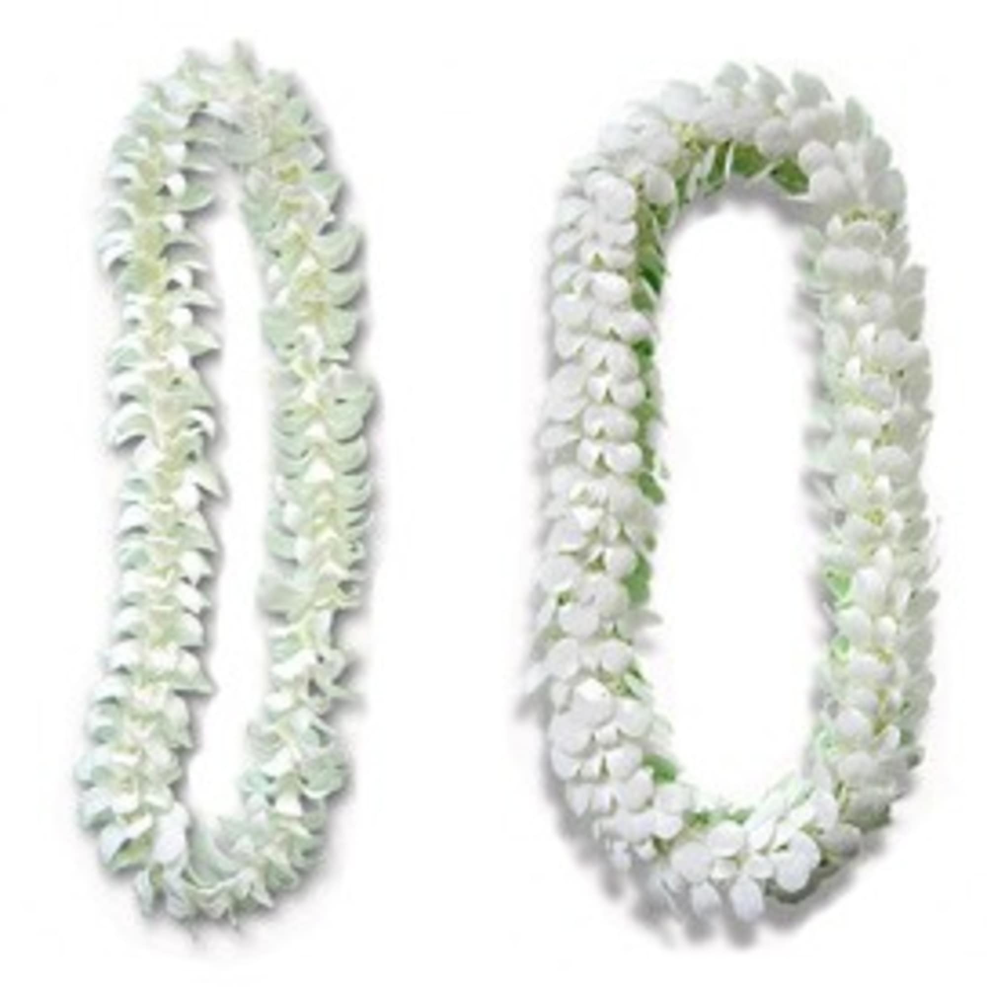 Two white floral leis on a plain background