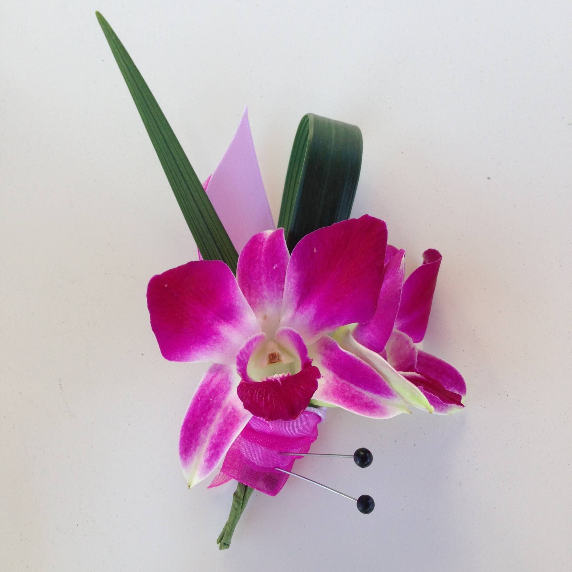 Pink orchid boutonniere with ribbon and pins