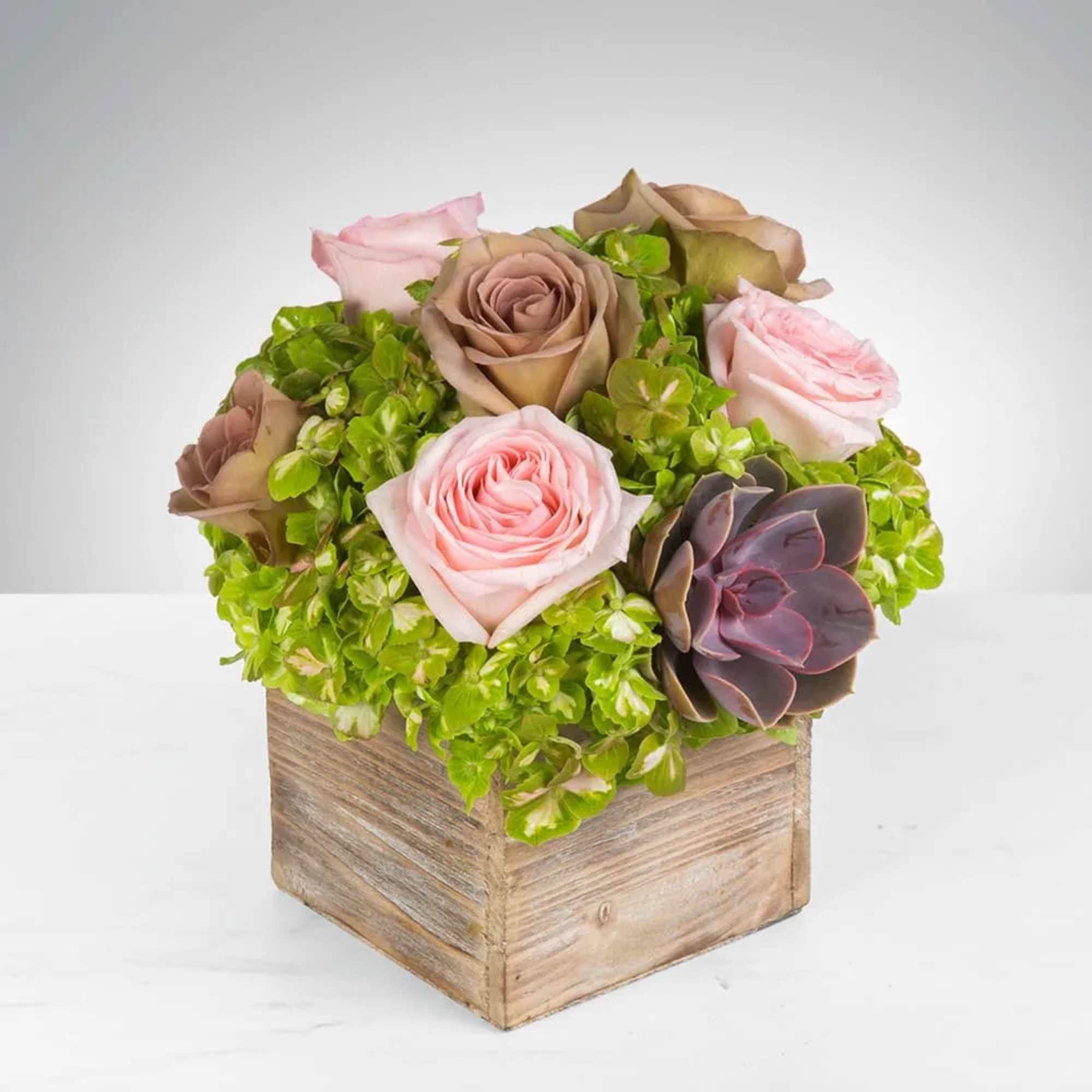 Pink and taupe roses with a purple succulent in a wooden cube container