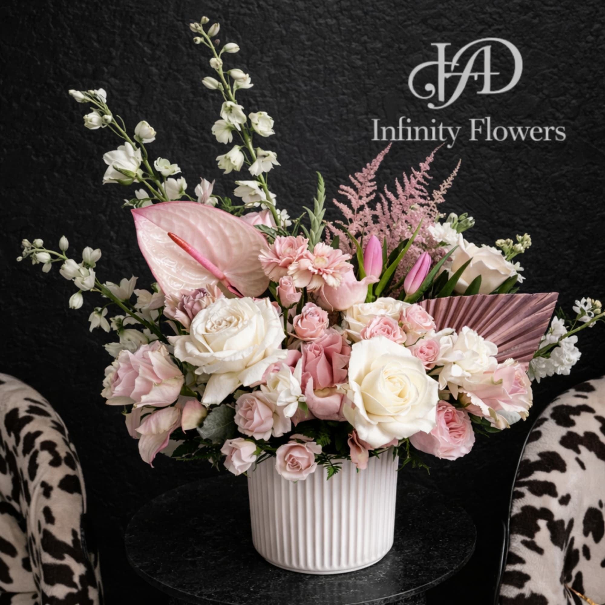 Pink and white floral arrangement in a ribbed white vase