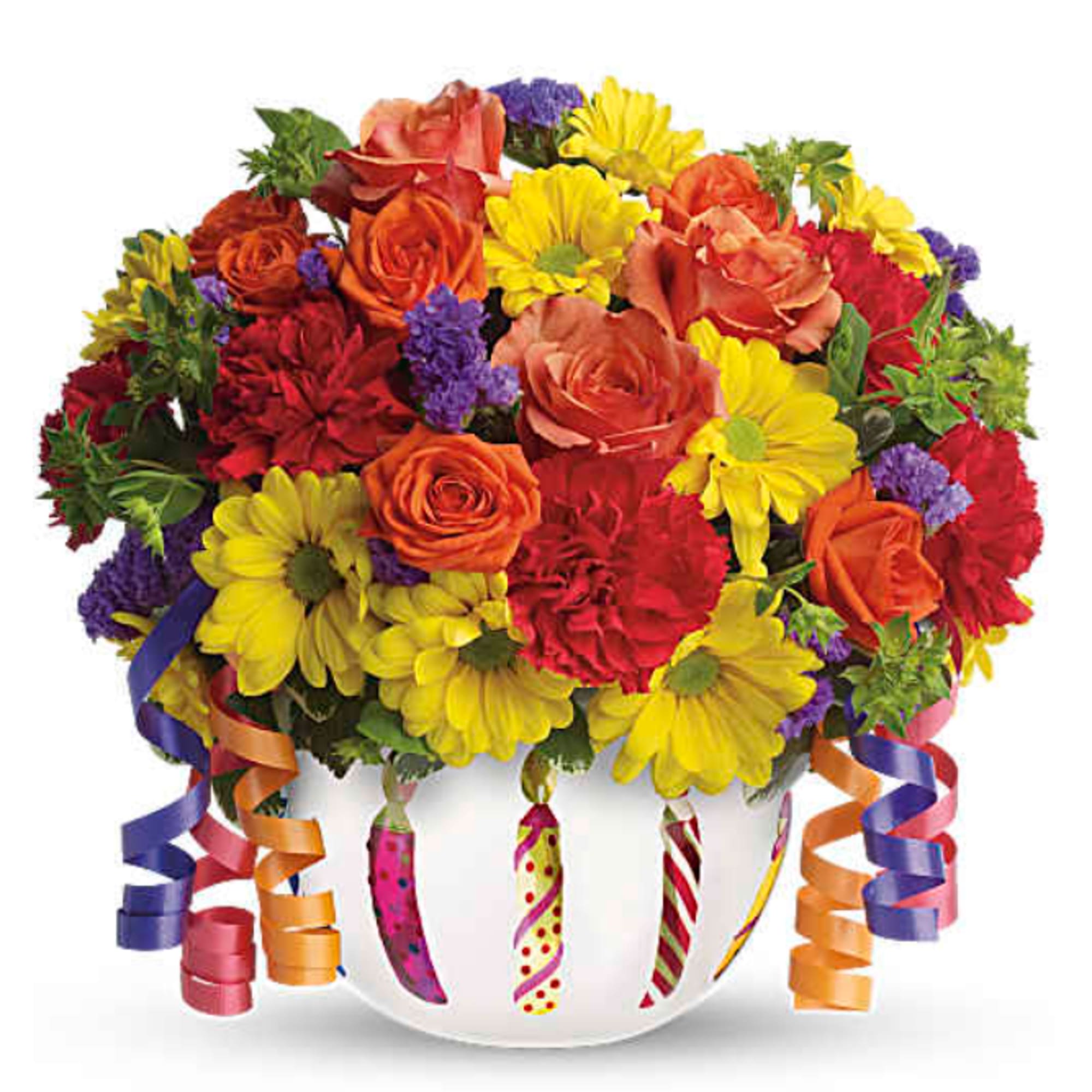 Colorful bouquet of roses and daisies in a white vase with curling ribbons