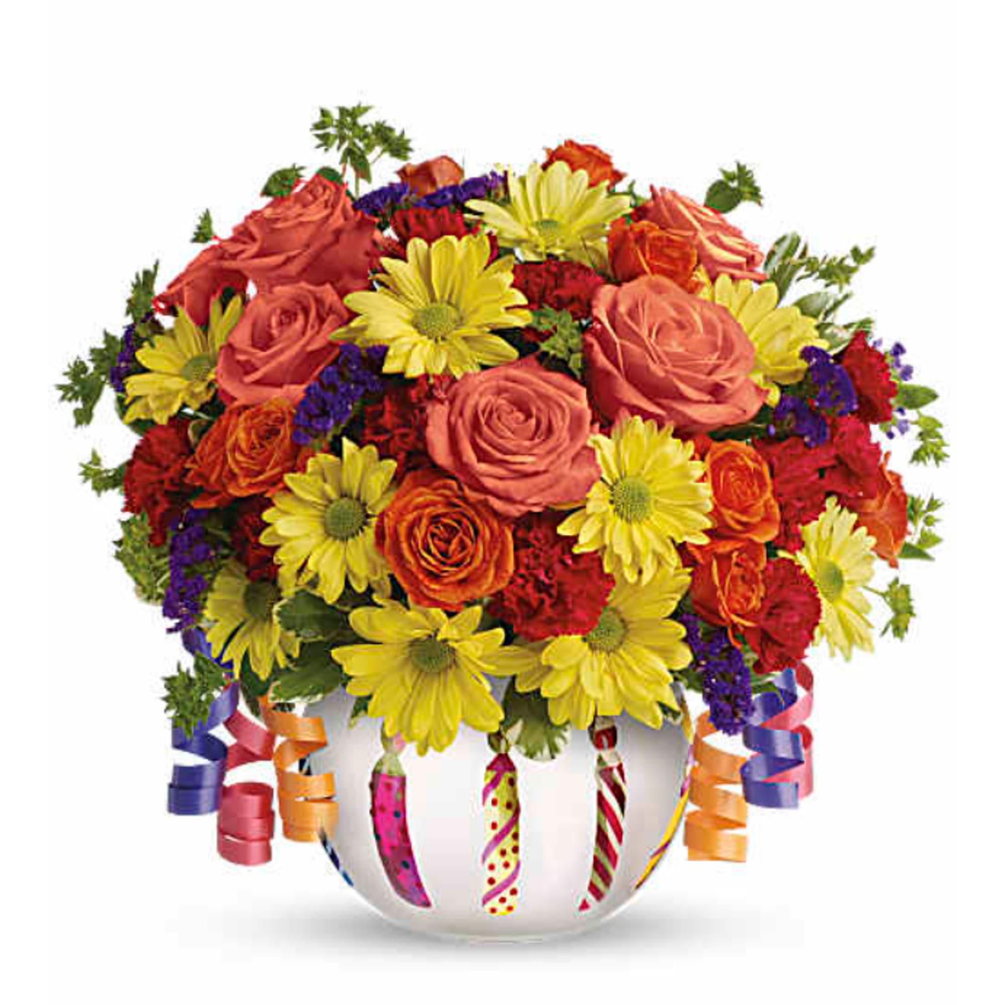 Colorful bouquet of roses and daisies in a white vase with curling ribbons