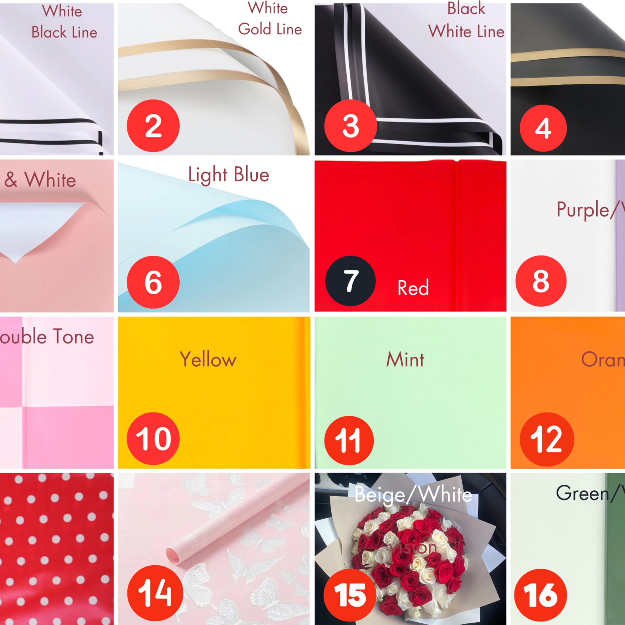 Color chart of numbered wrapping papers in various solid and patterned colors
