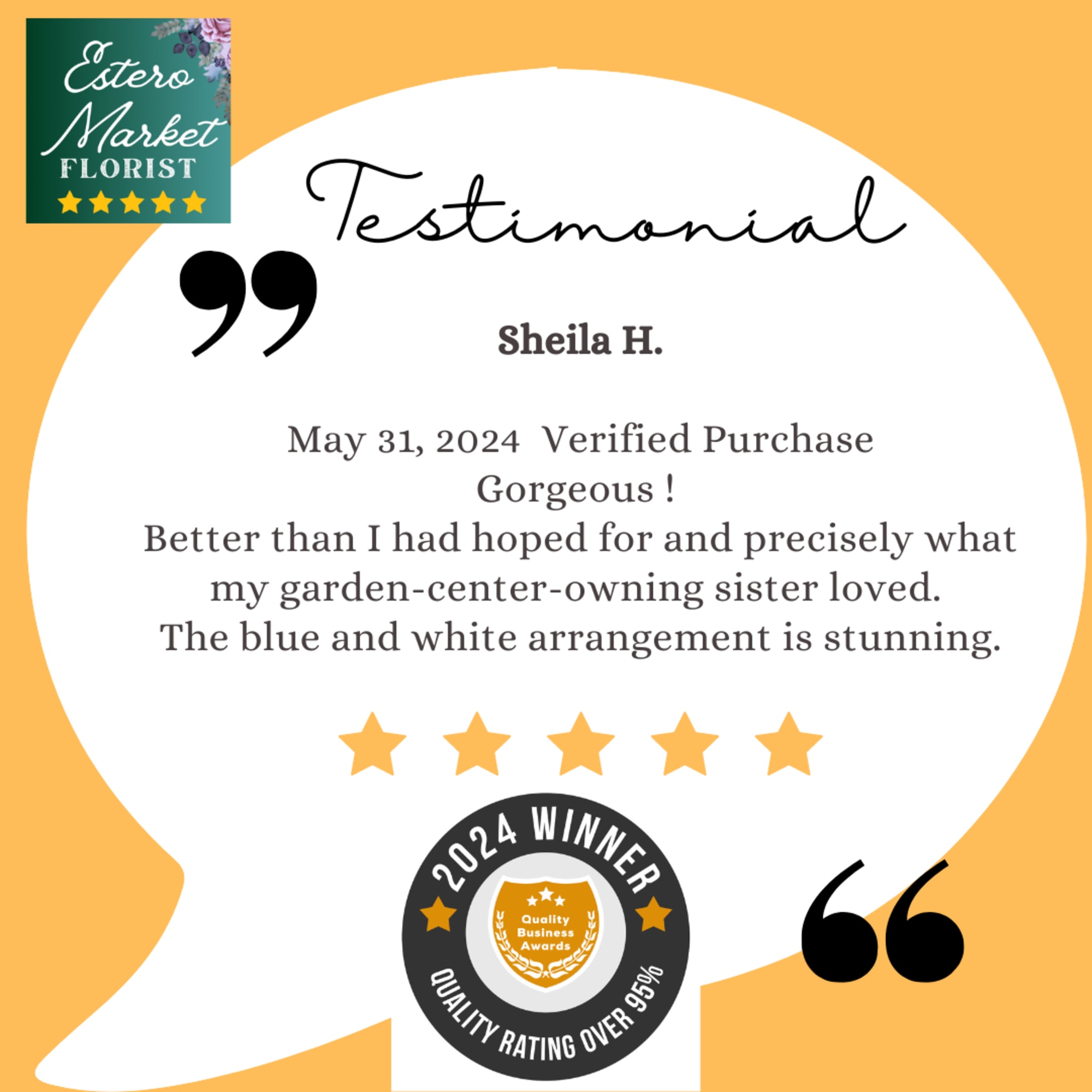 Testimonial graphic with a florist logo, quote marks, and five stars