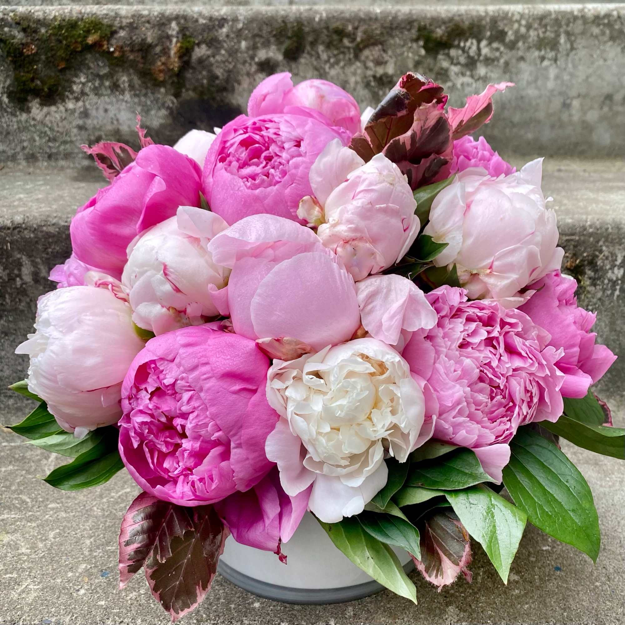 Pink and white peony bouquet in a white container