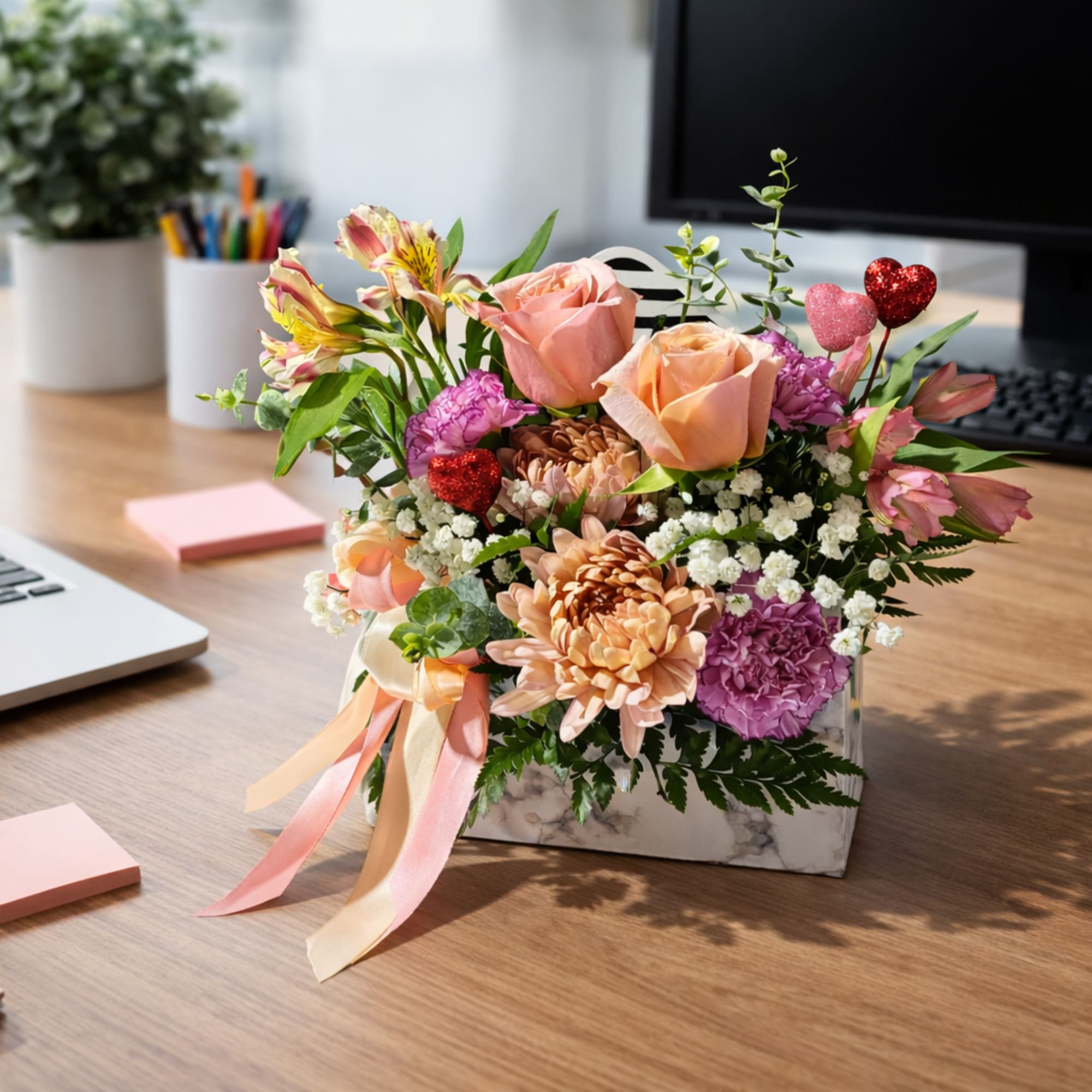 Mixed bouquet of peach roses and pink flowers in a rectangular vase
