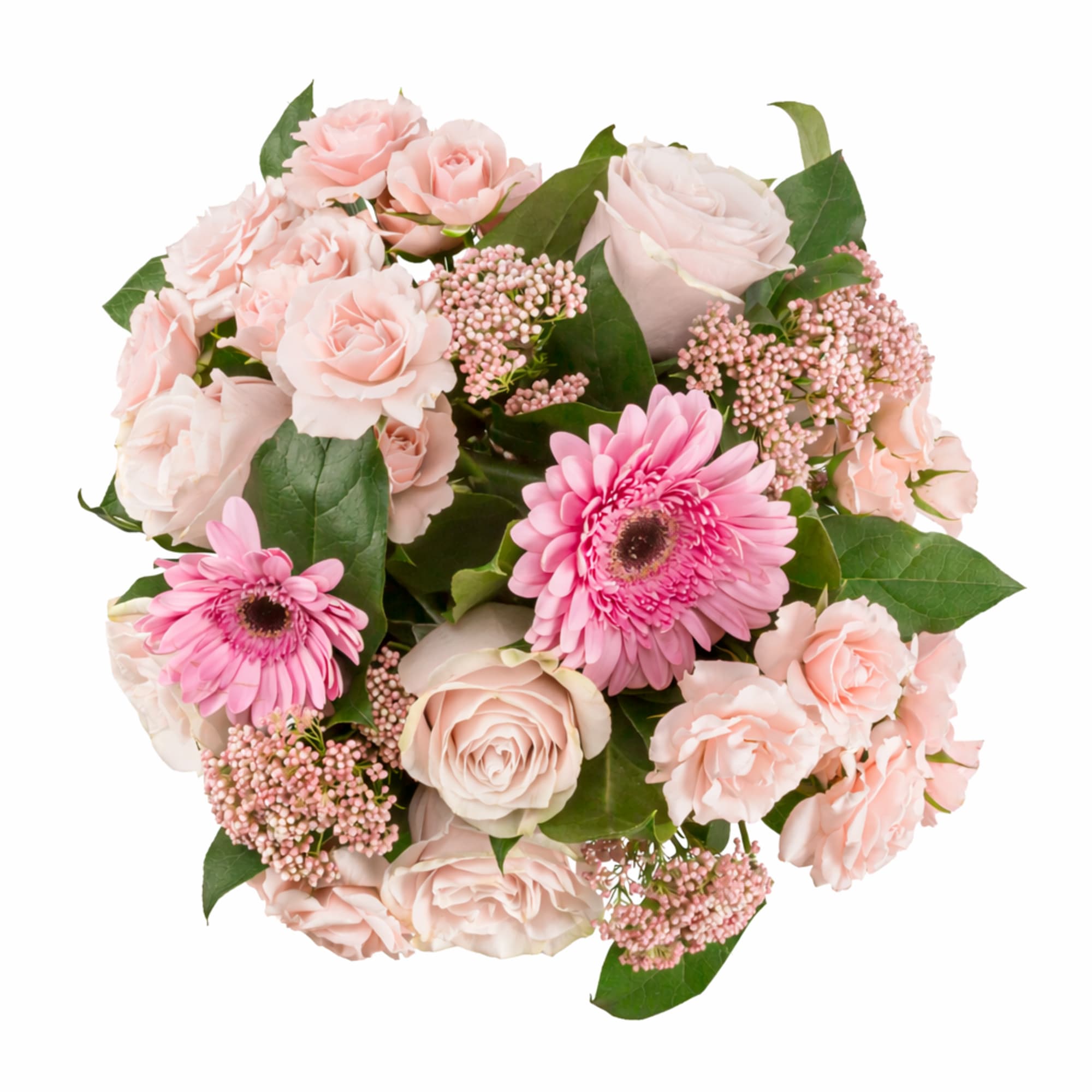 Bouquet of pale pink roses and pink gerbera daisies