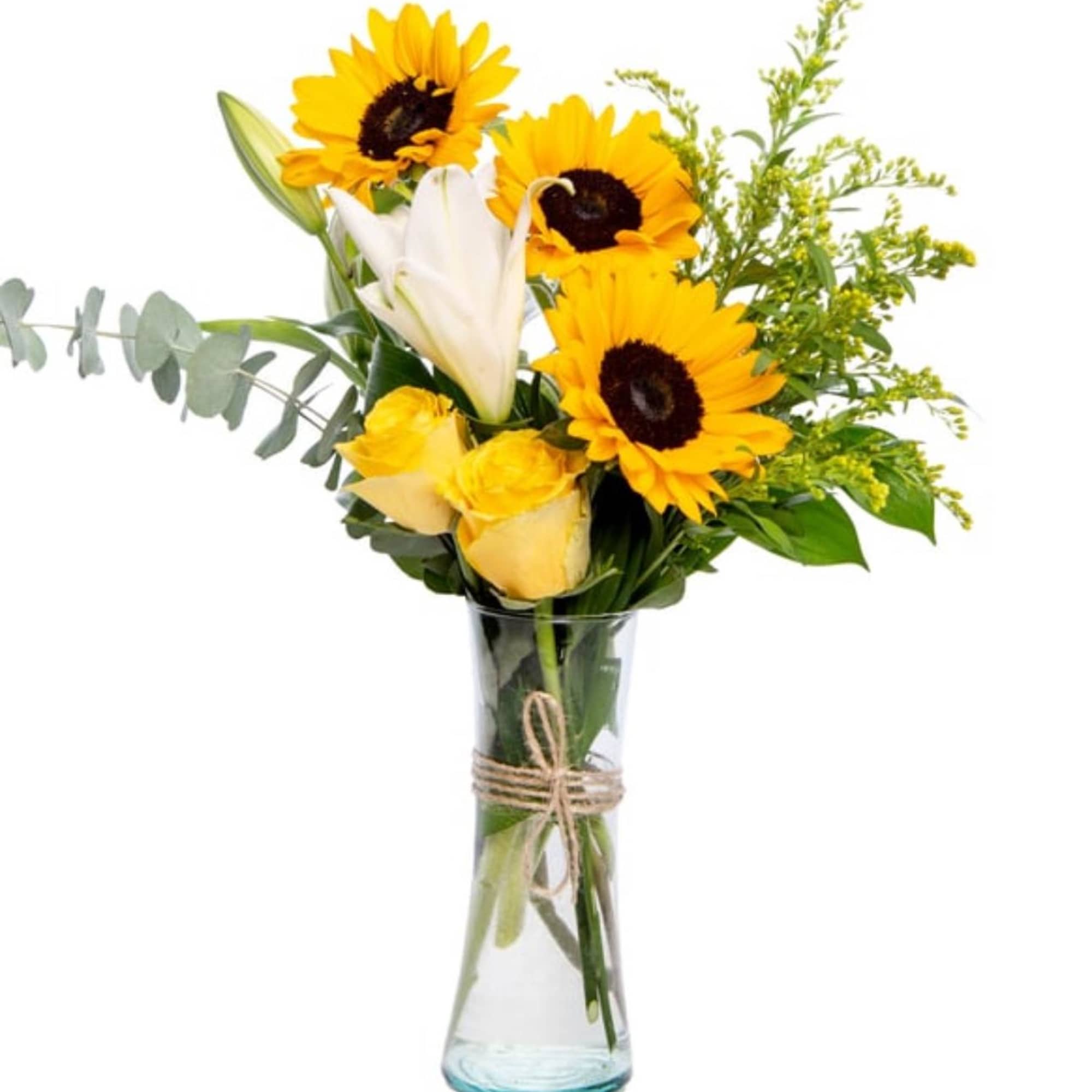 sunni-side arrangement
consist of 3 sunflowers and 2 yellow roses and a white