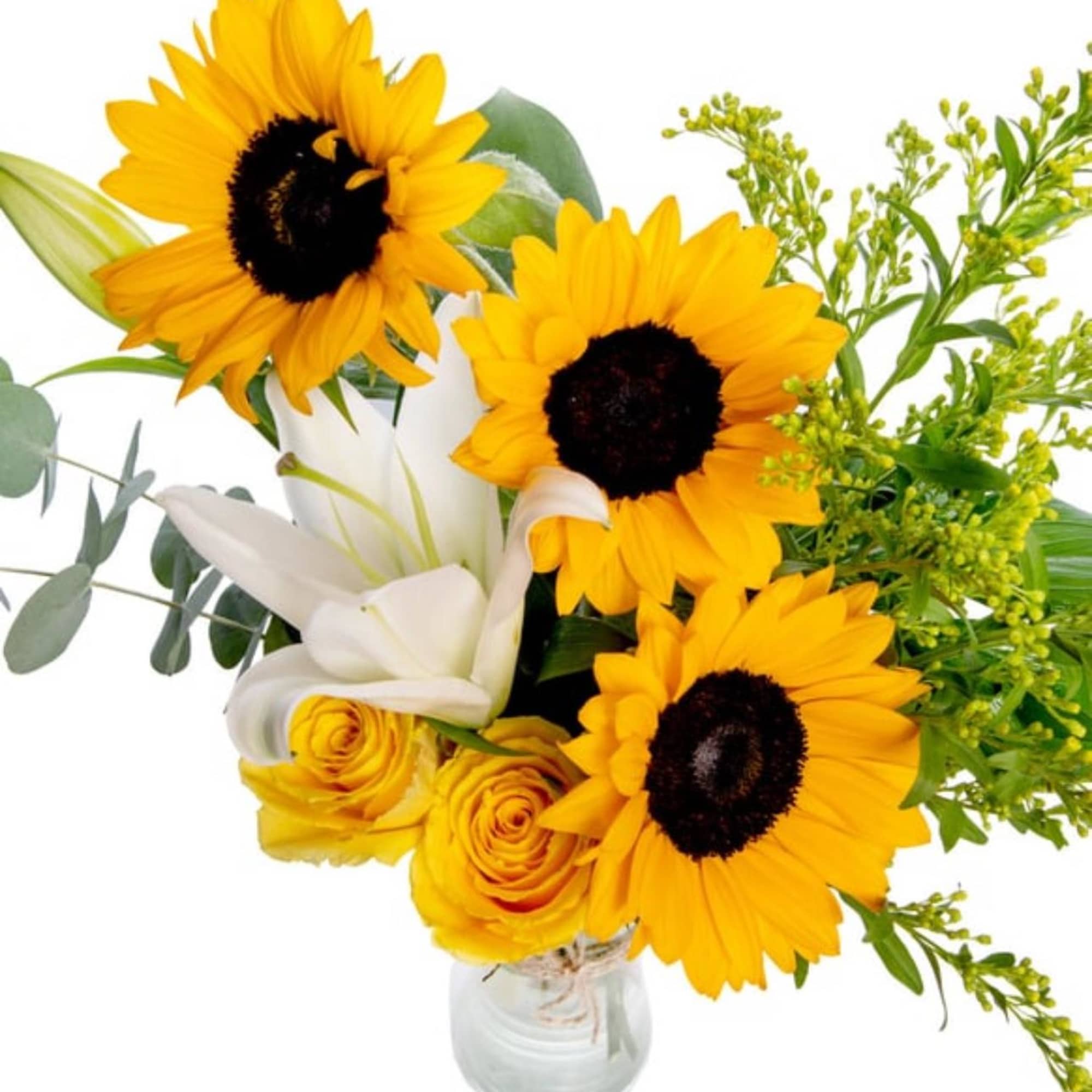 sunni-side arrangement
consist of 3 sunflowers and 2 yellow roses and a white