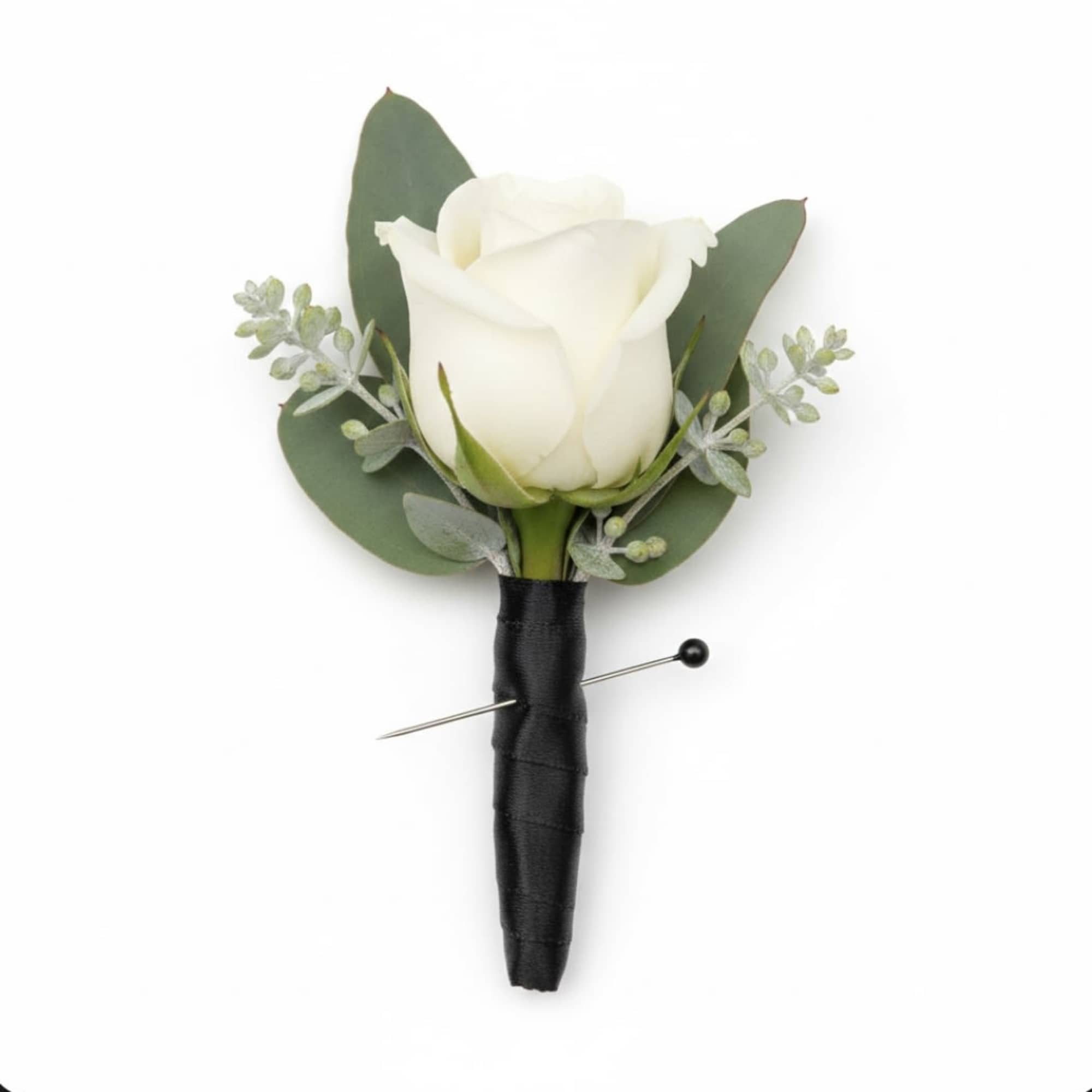White rose boutonniere with eucalyptus and a black wrap