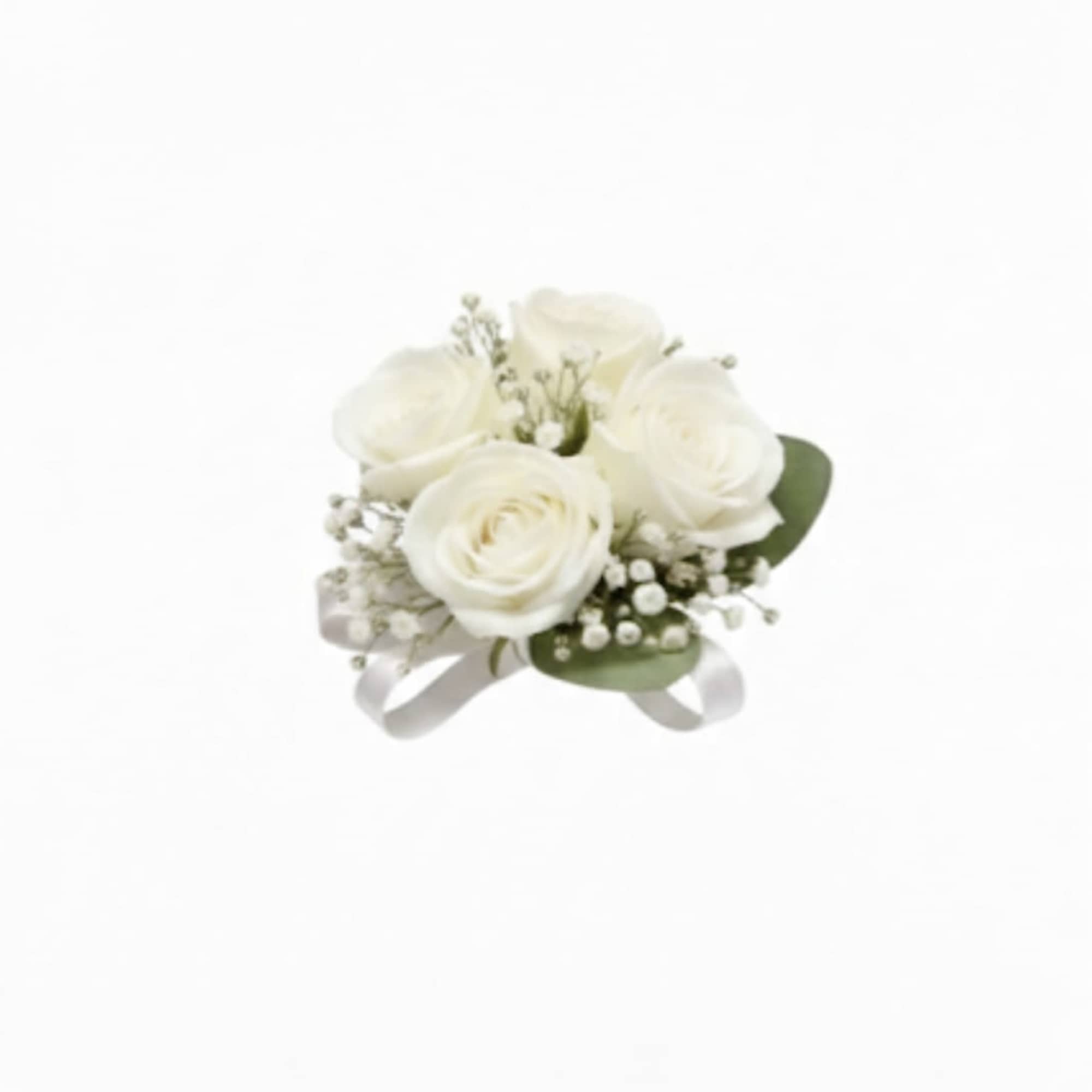 Small bouquet of white roses with baby's breath and ribbon