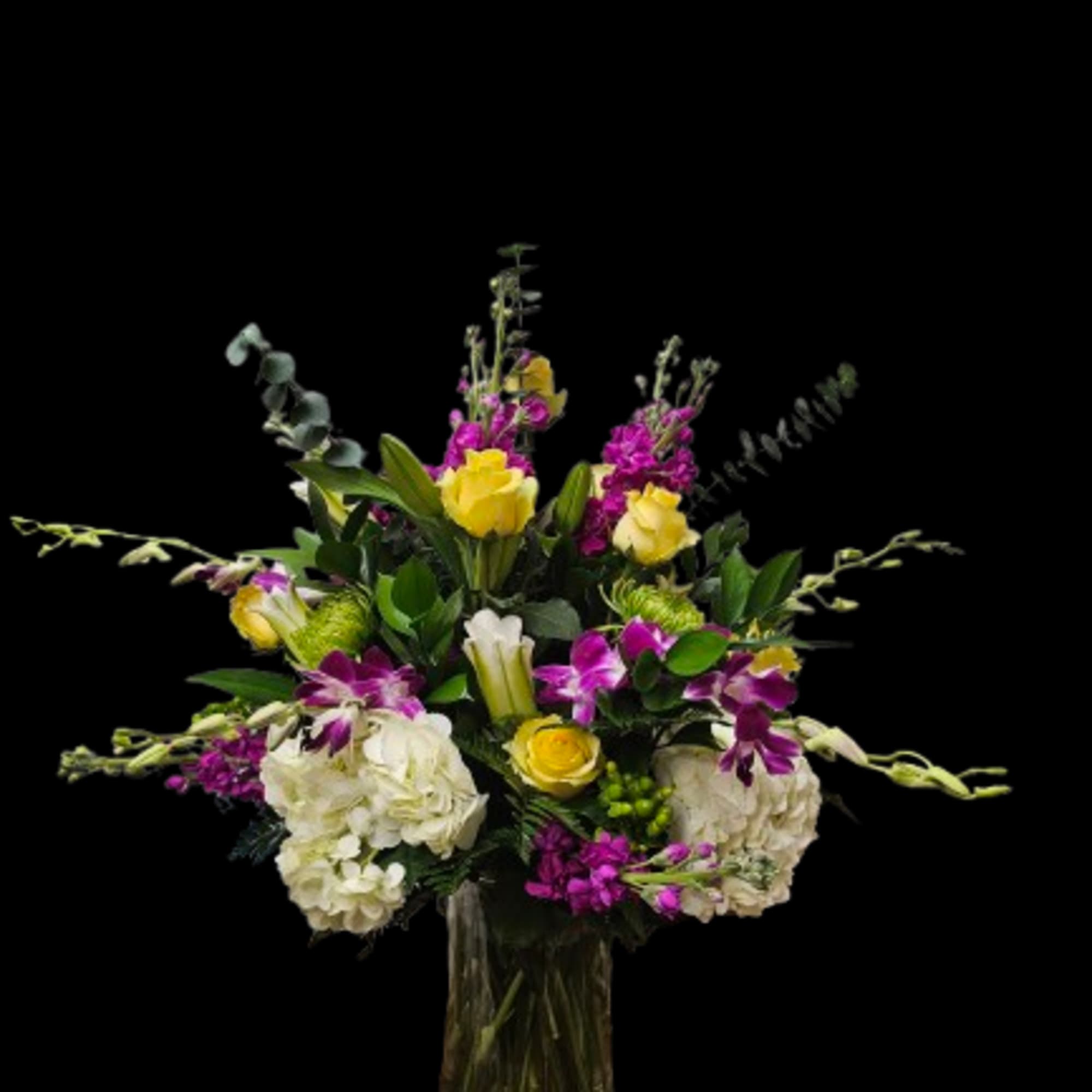 A bold cascade of yellow roses, white hydrangeas, purple Dendrobium orchids, and