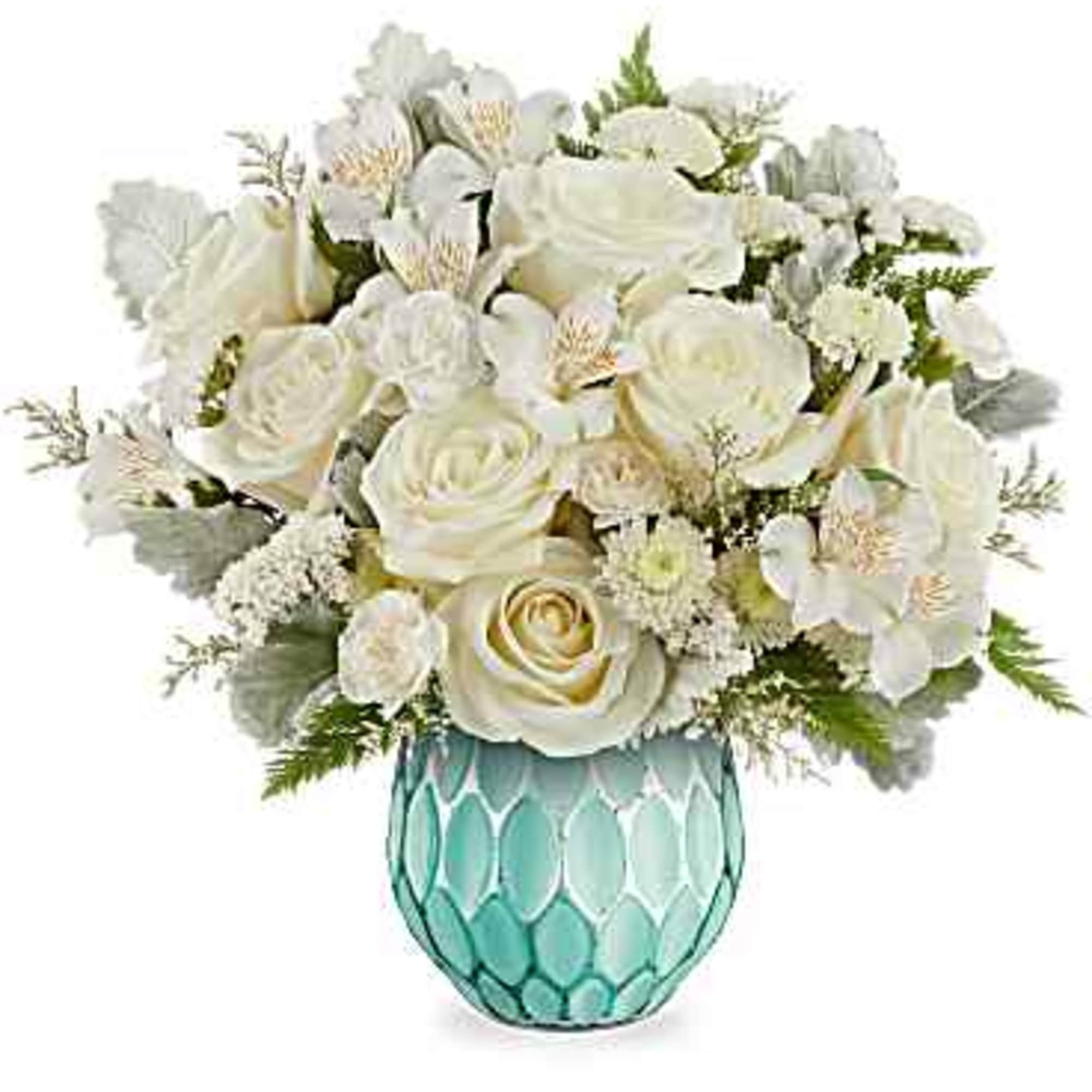 Elegant and stylish, this monochromatic white rose bouquet is elevated by a