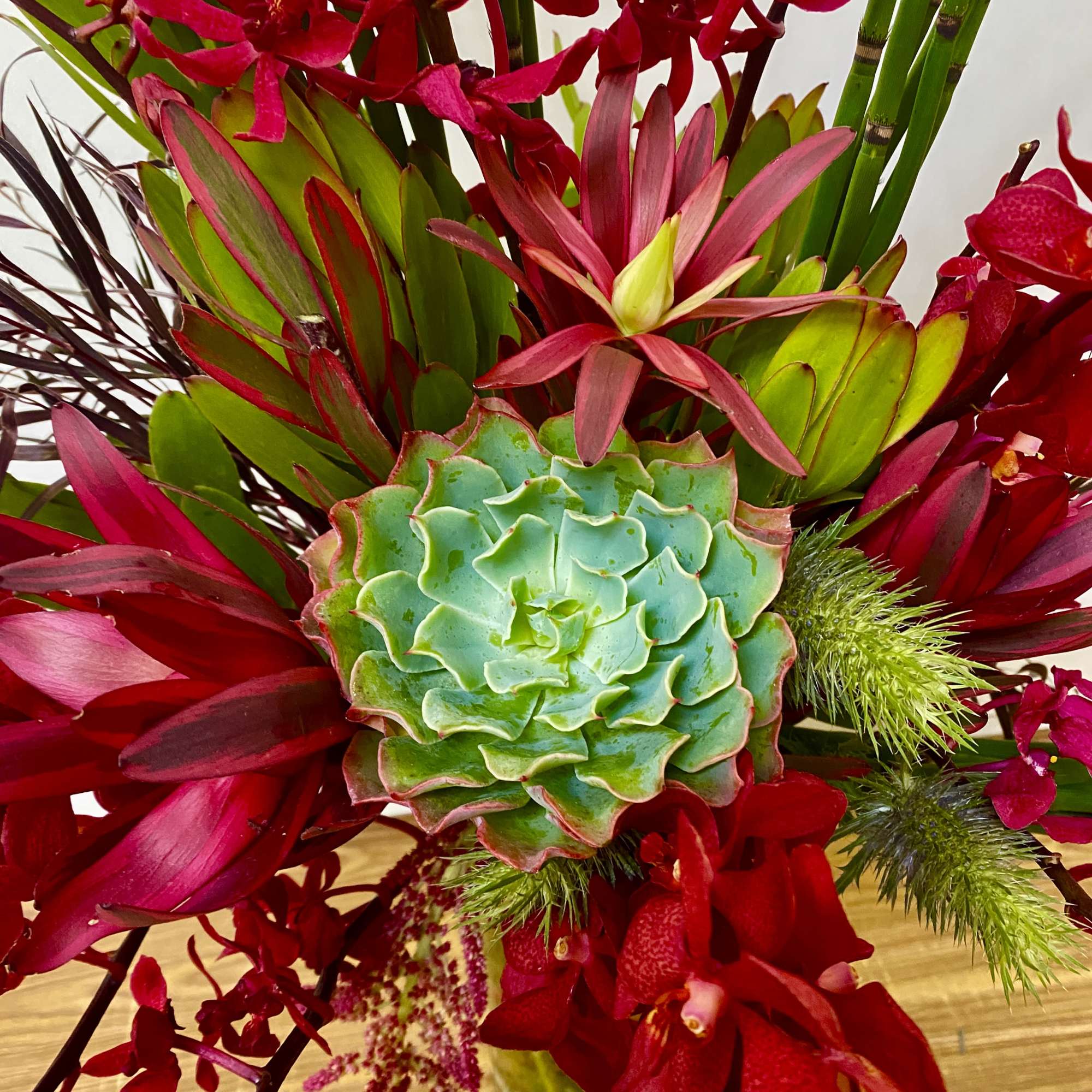 Red orchid arrangement with a green succulent centerpiece