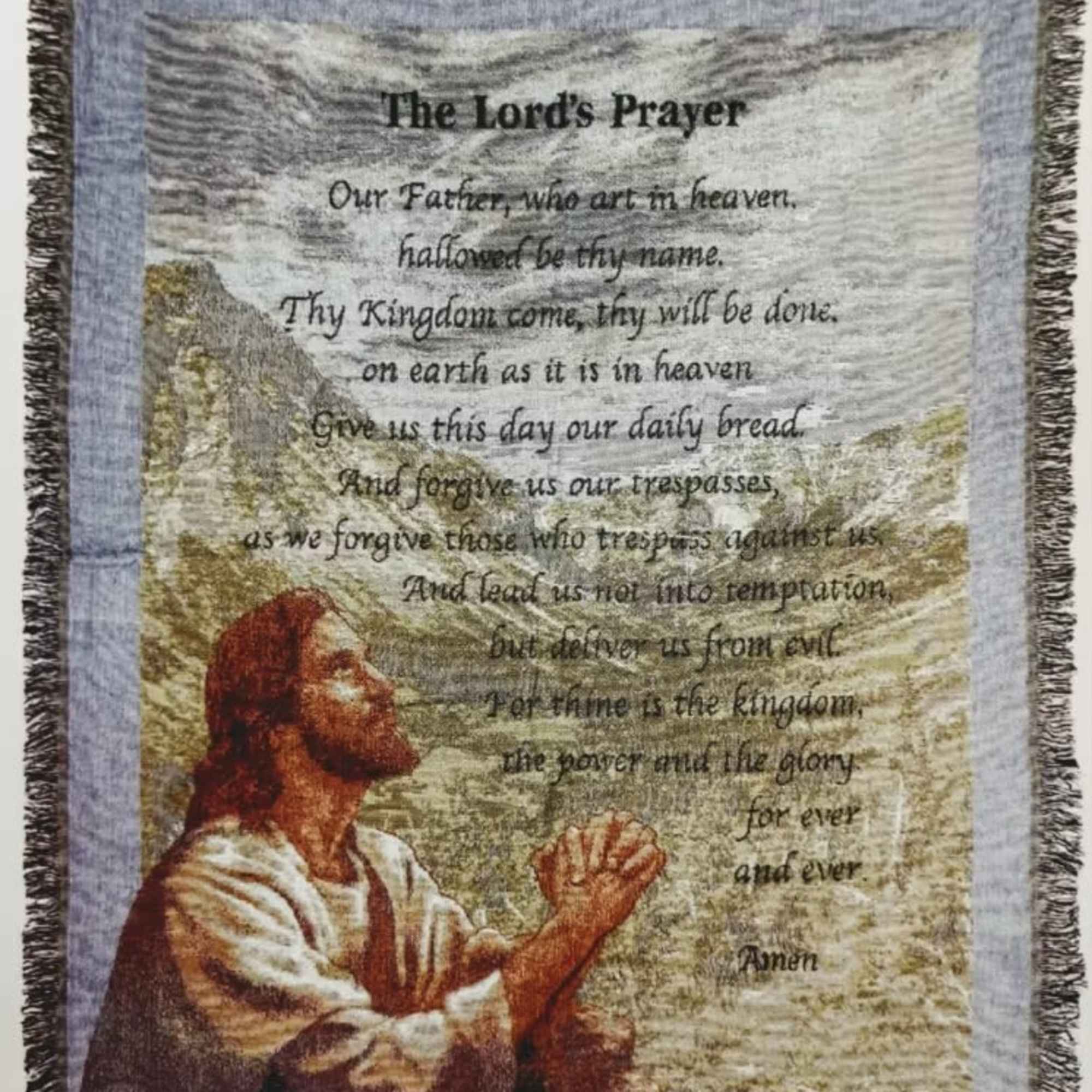 Fringed wall tapestry with The Lord's Prayer and a praying figure