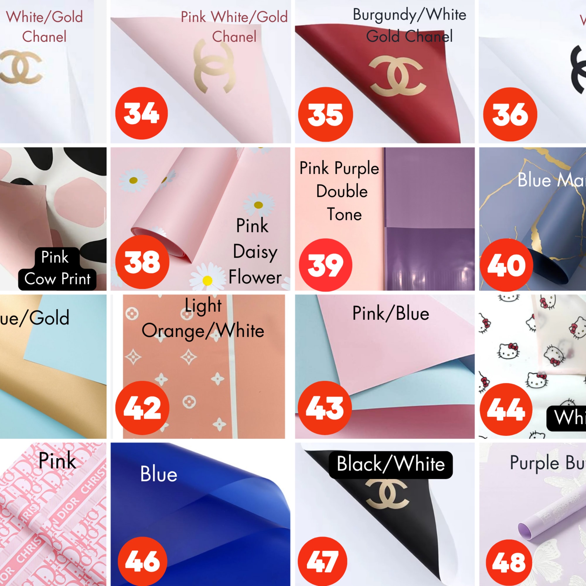 Collage of decorative wrapping papers in assorted colors and patterns.