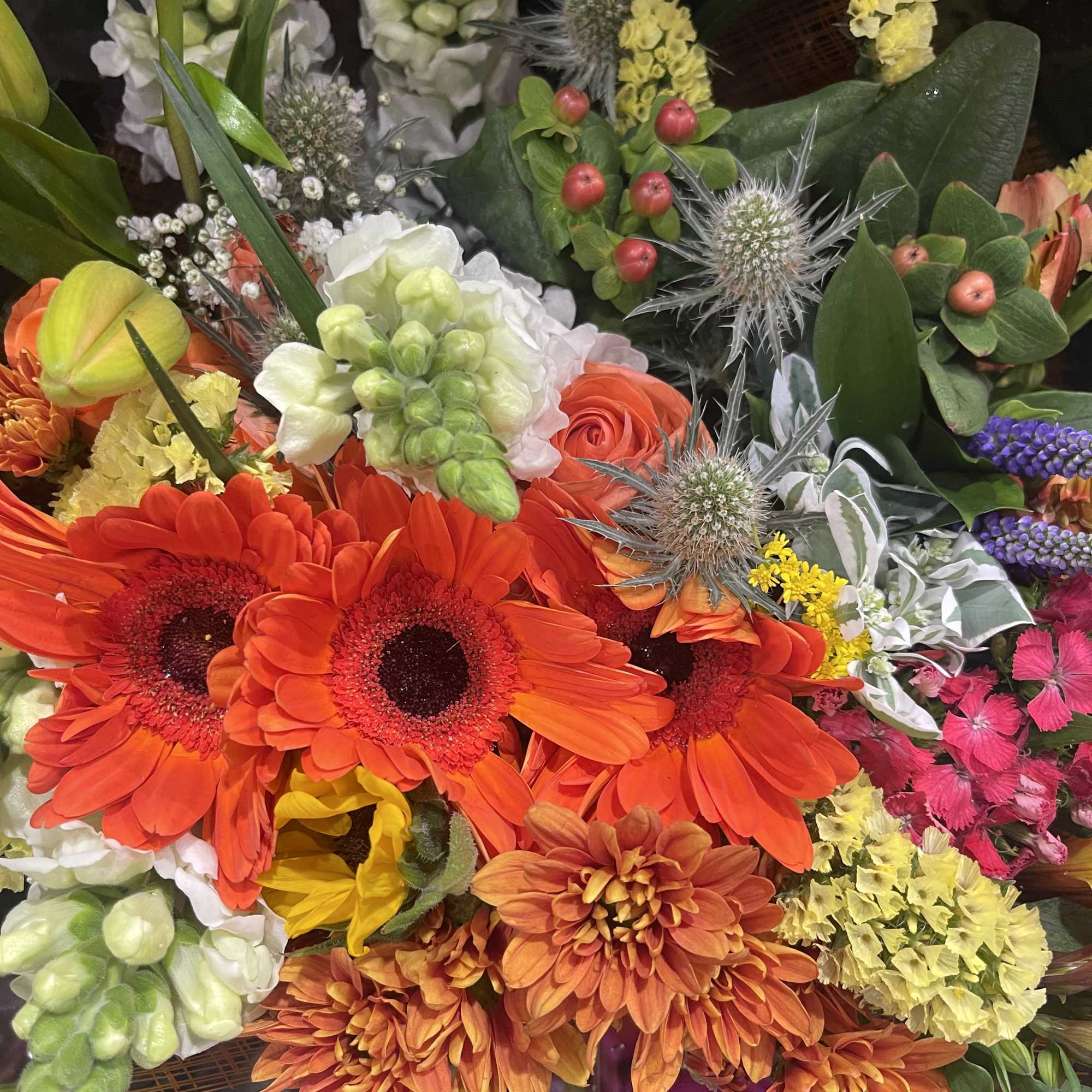 This colorful mixed floral bouquet is a fun arrangement packed with vibrant