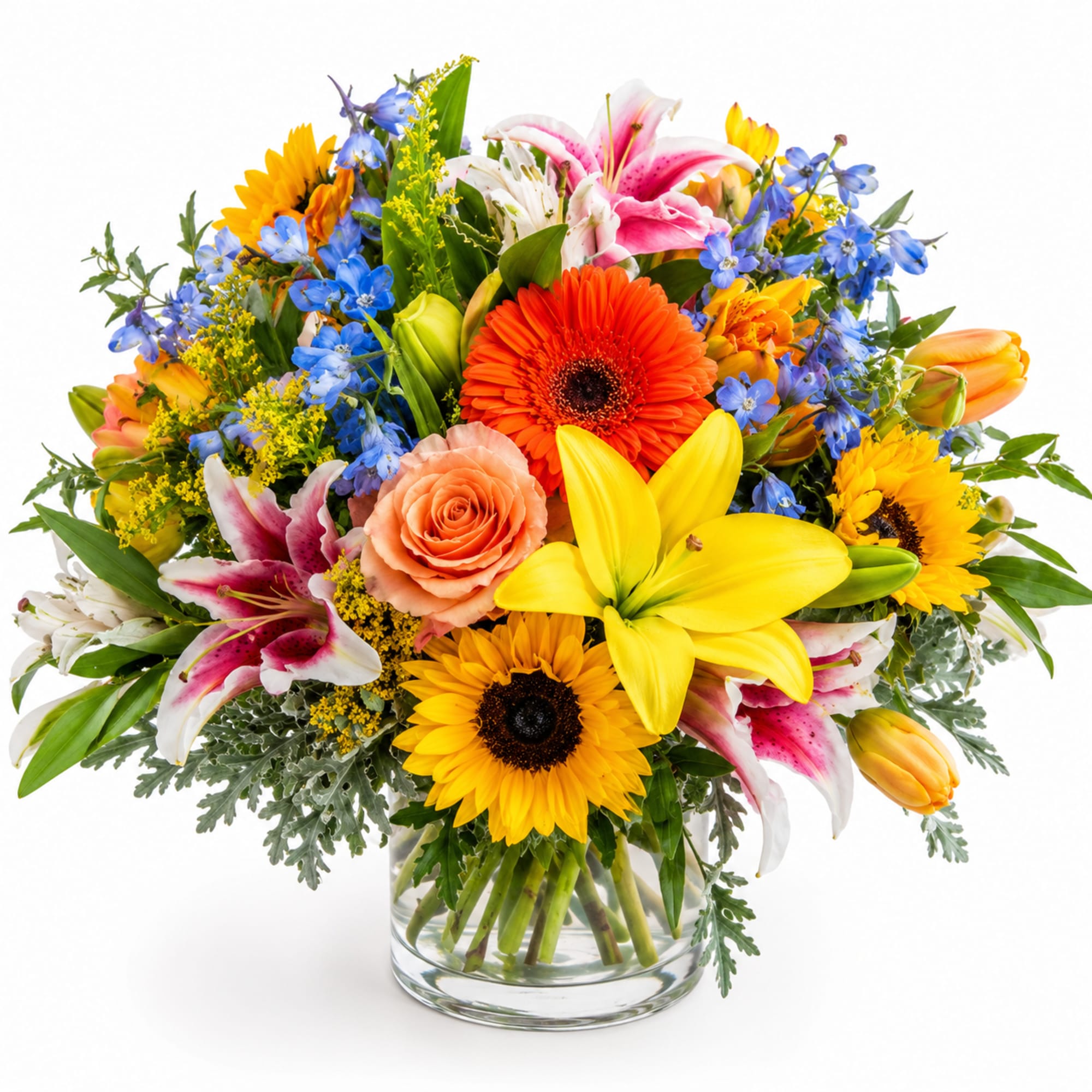 Happy colors, reds, yellows, pinks, lavenders, blue, oranges and white. 