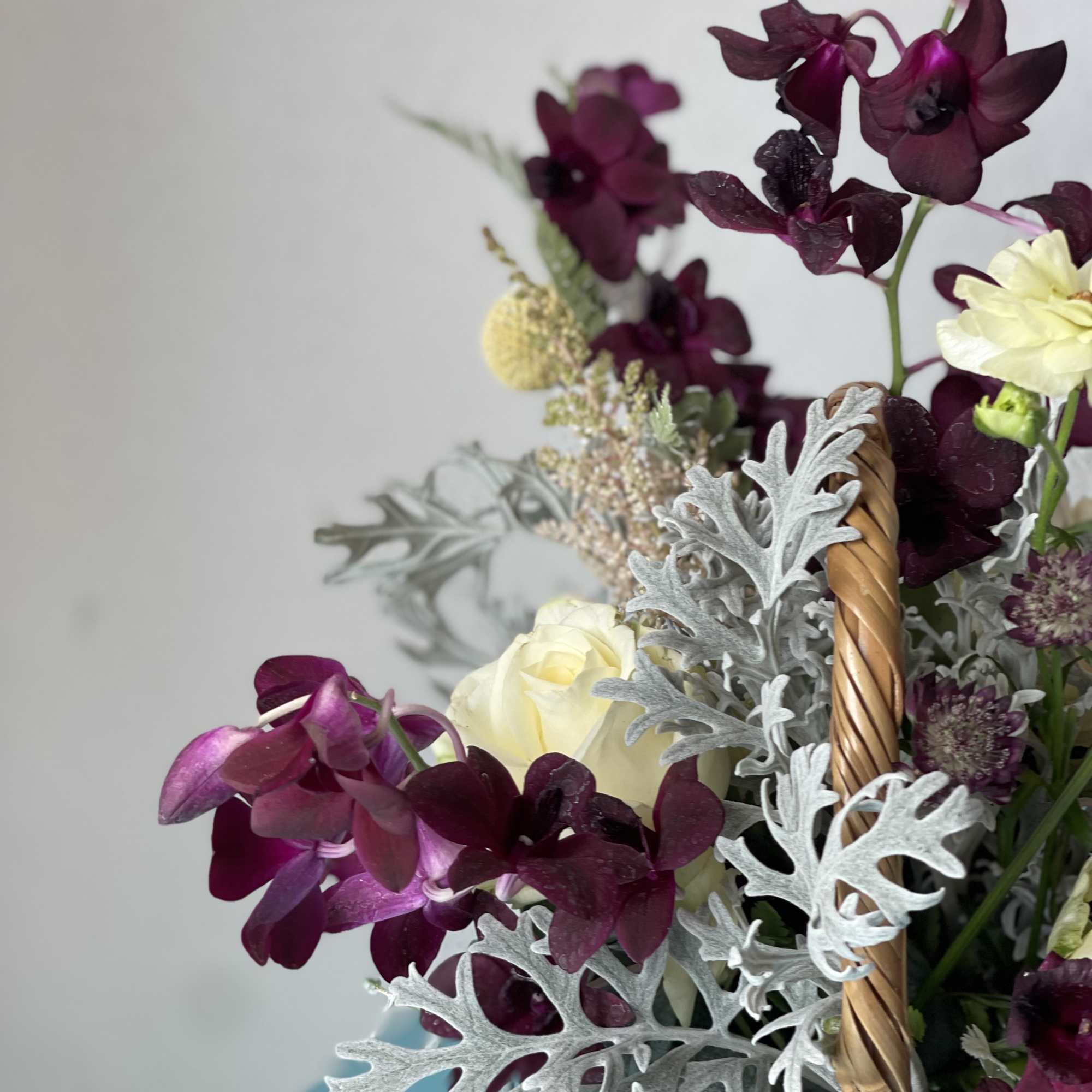Dark purples, partnered with cream and white blooms. This exotic twist play
