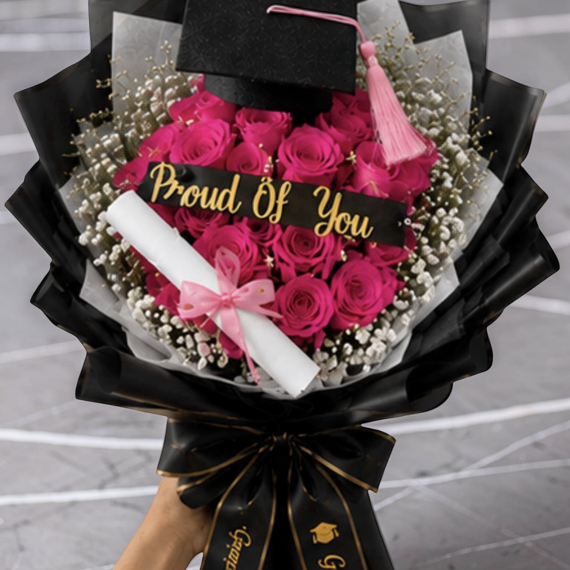 A bold cluster of roses made for celebration-these graduation bouquets pair classic