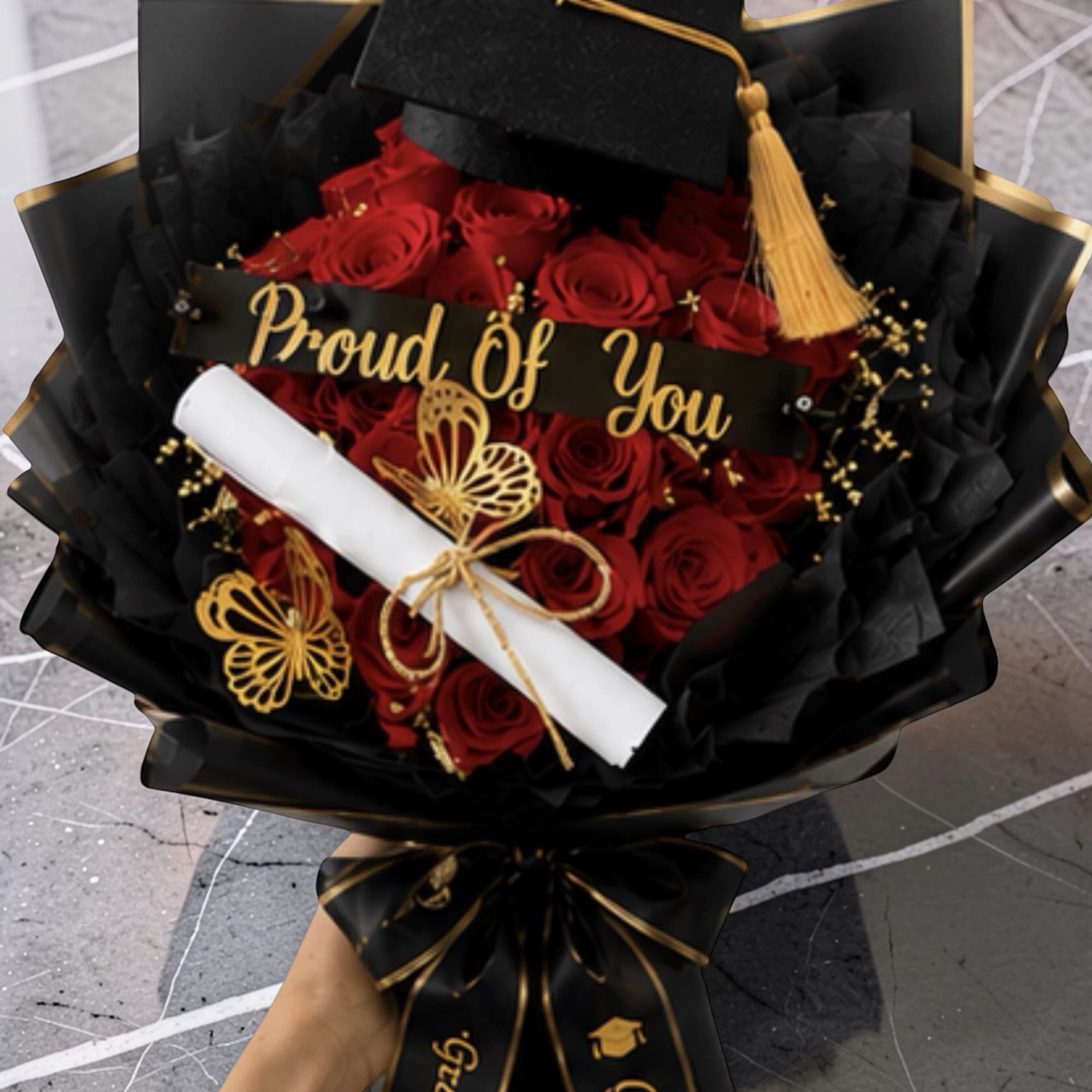 A bold cluster of roses made for celebration-these graduation bouquets pair classic
