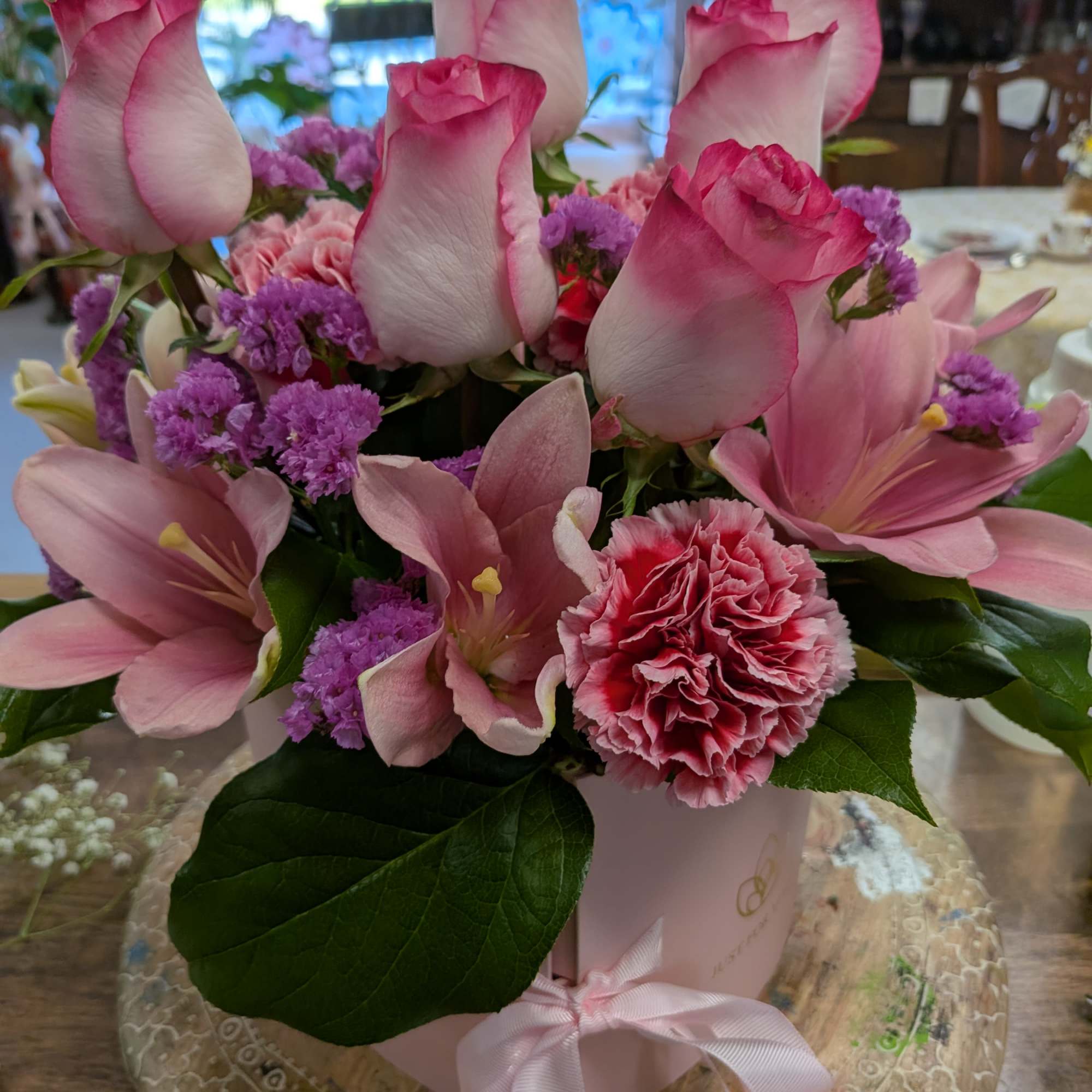 Double heart box with one side of flowers and the other side