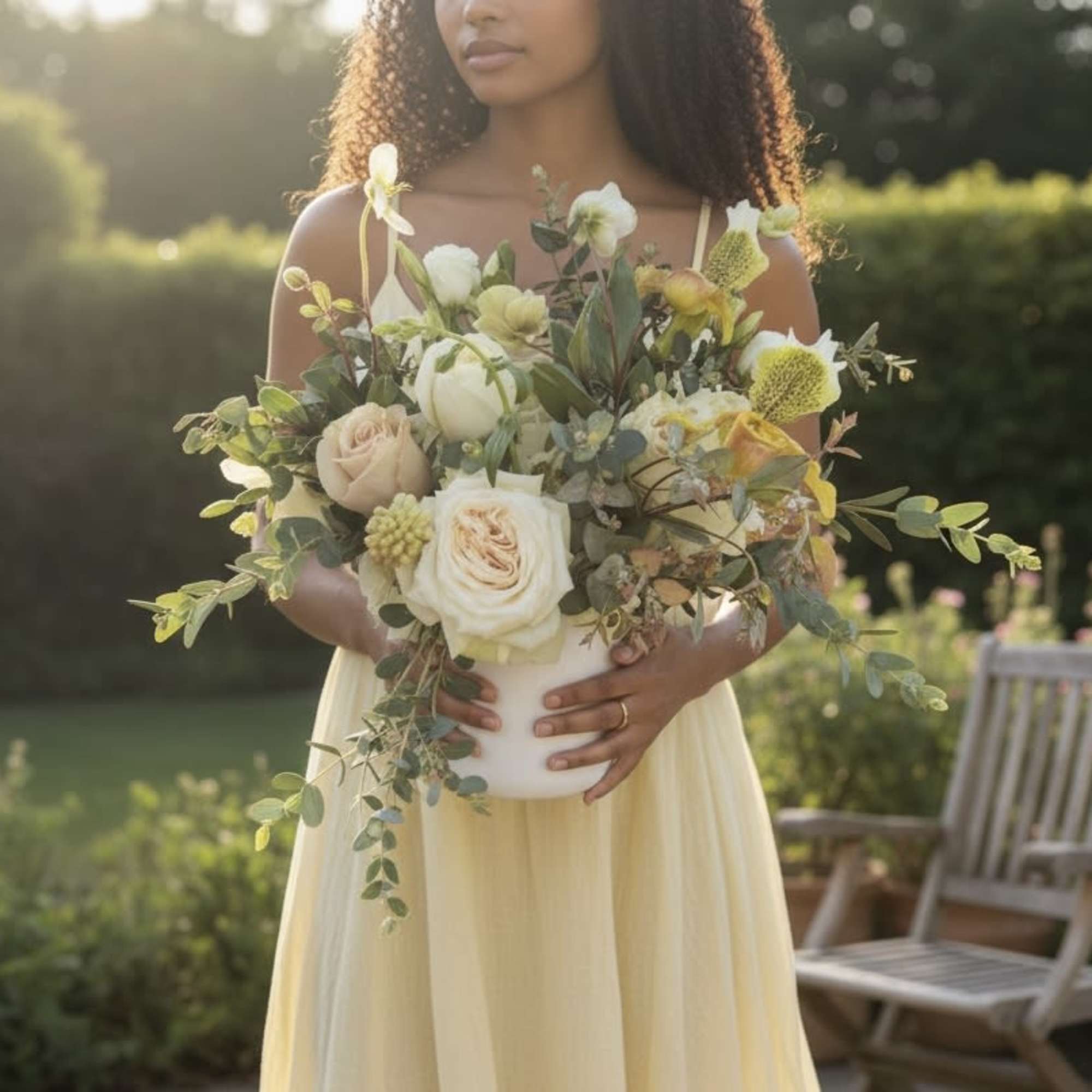Woman in a yellow dress holding a cream and peach rose arrangement in a white vase outdoors