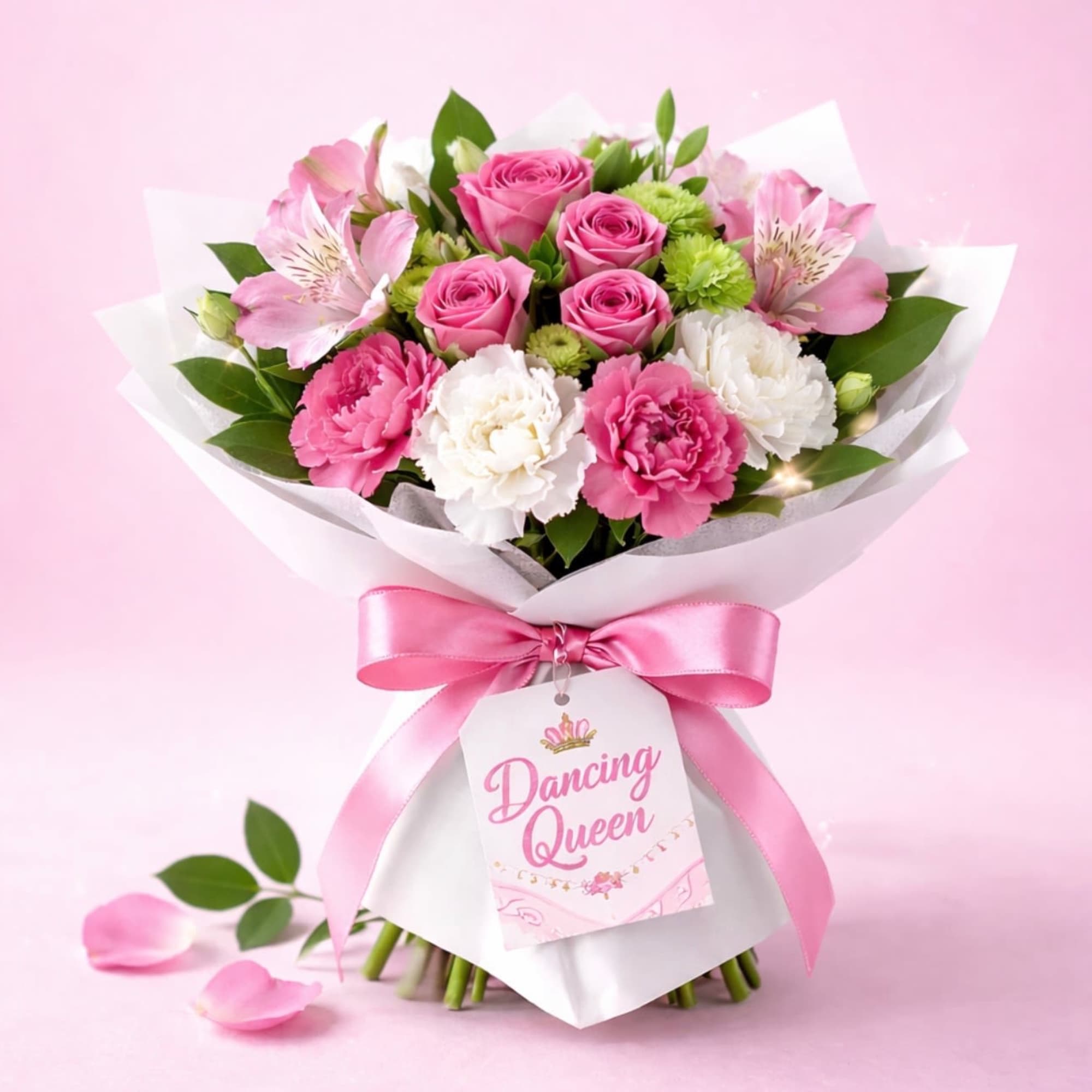 Pink and white bouquet with roses and carnations wrapped in white paper