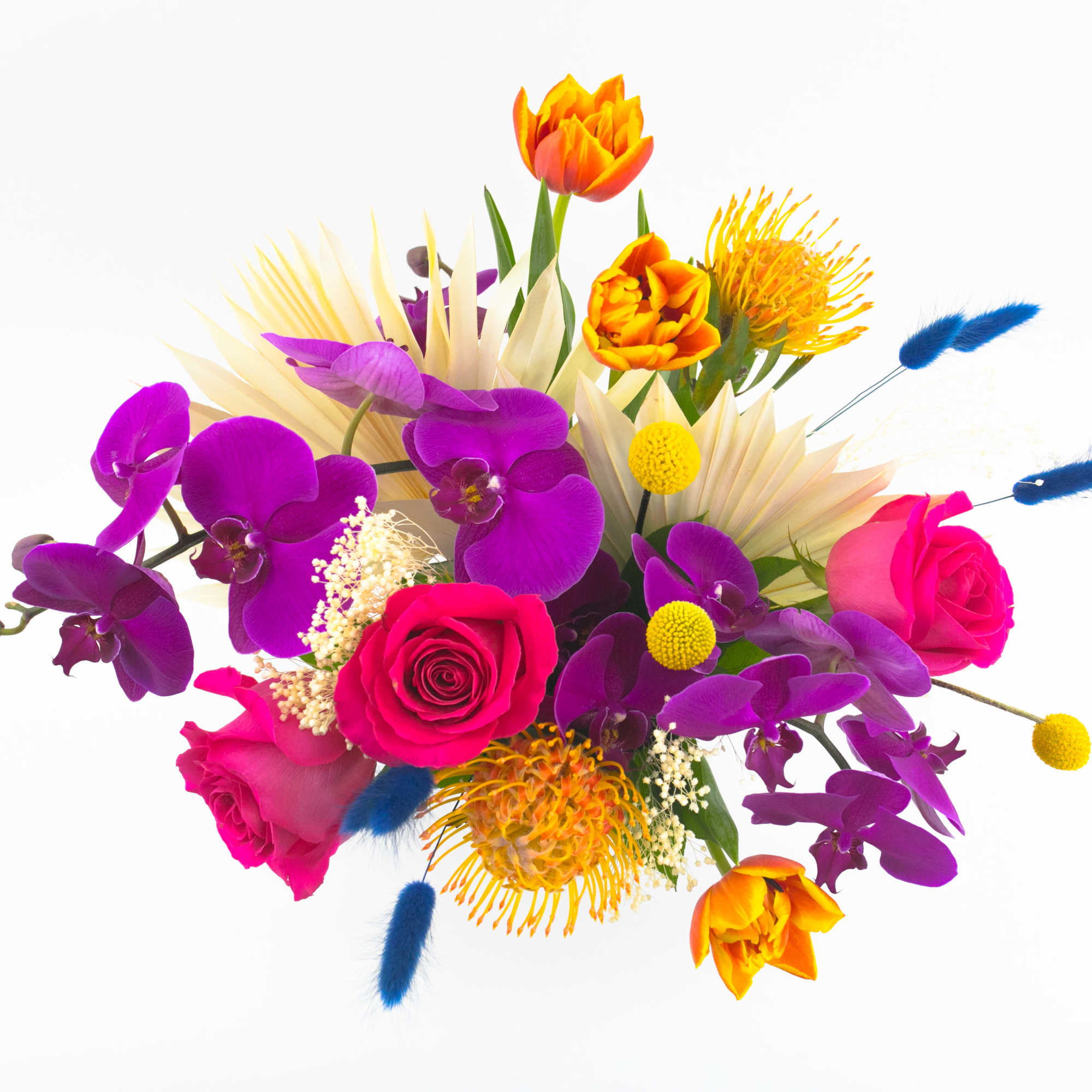 Bouquet of purple orchids, pink roses, and orange tulips on a white background