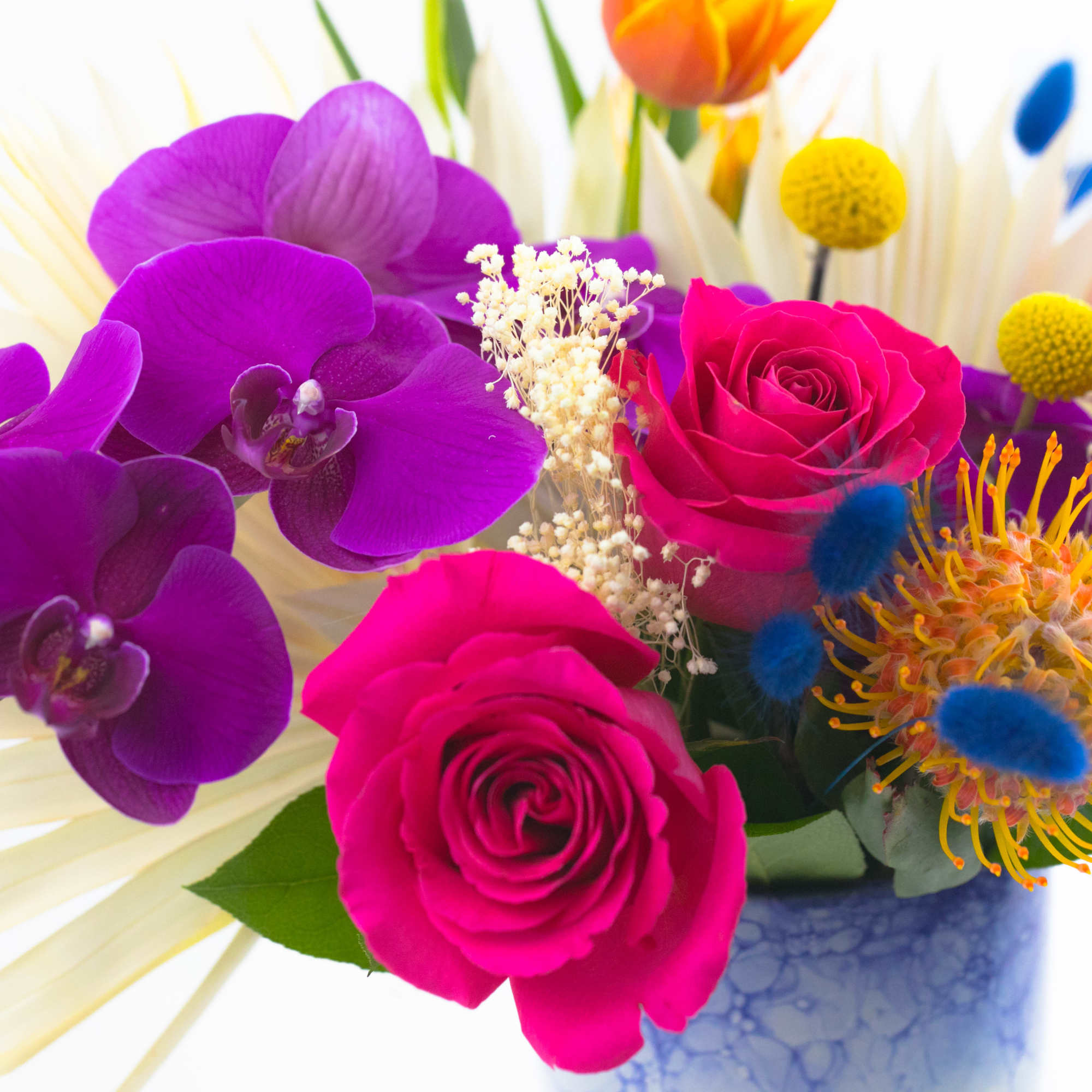 Bright bouquet with purple orchids, pink roses, and orange pincushion blooms