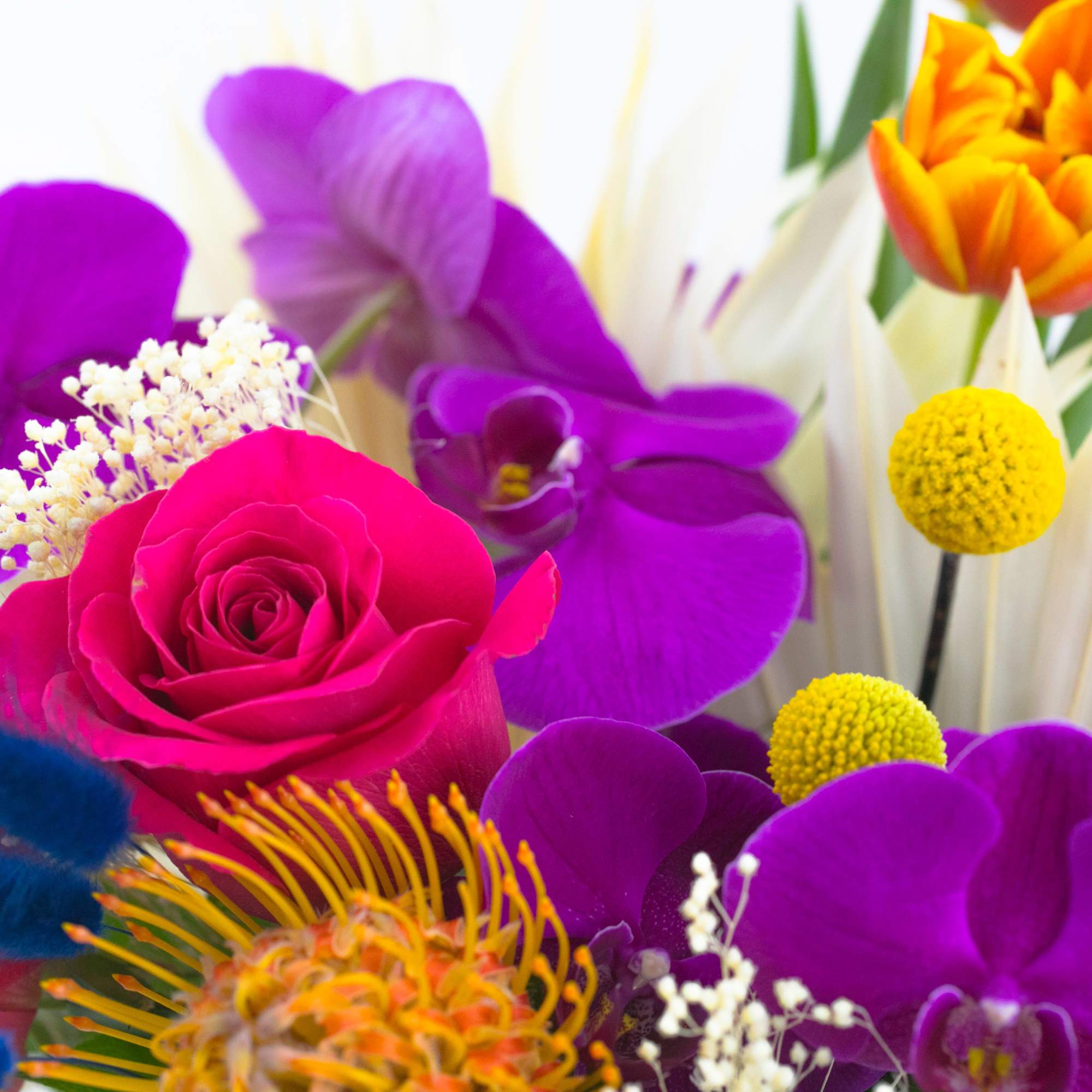 Bouquet with a pink rose, purple orchids, and orange tulips