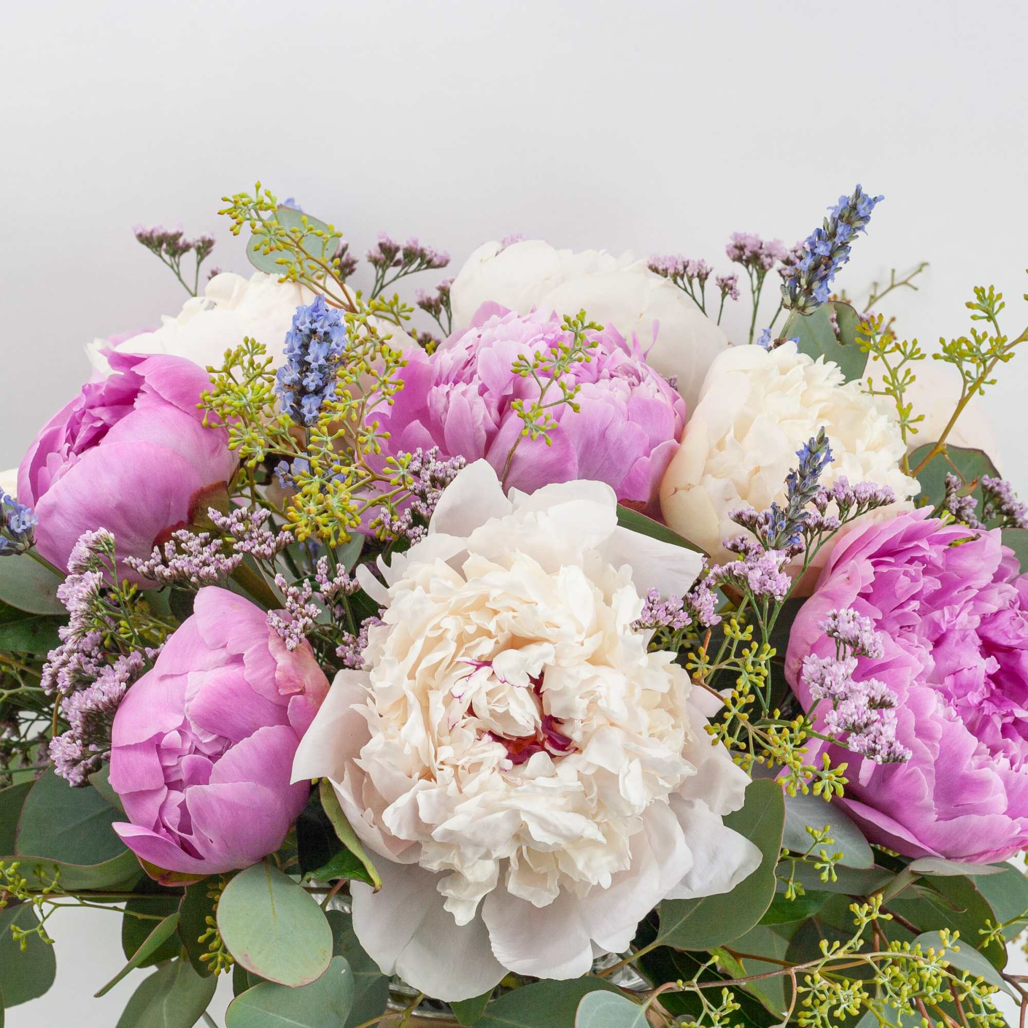 Bouquet of pink and white peonies with purple filler flowers arranged in a clear glass vase