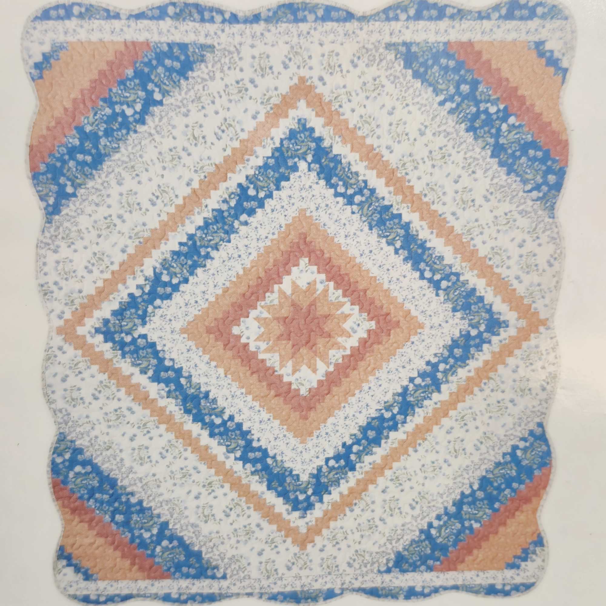 A cheerful quilted pillow in a diamond patchwork pattern brings a warm