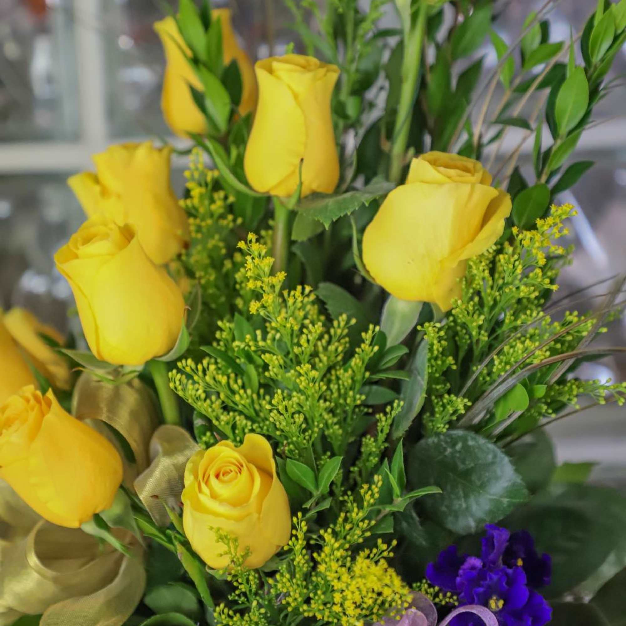 Royal purple African Violet plant and sunrise yellow roses, "timeless". 