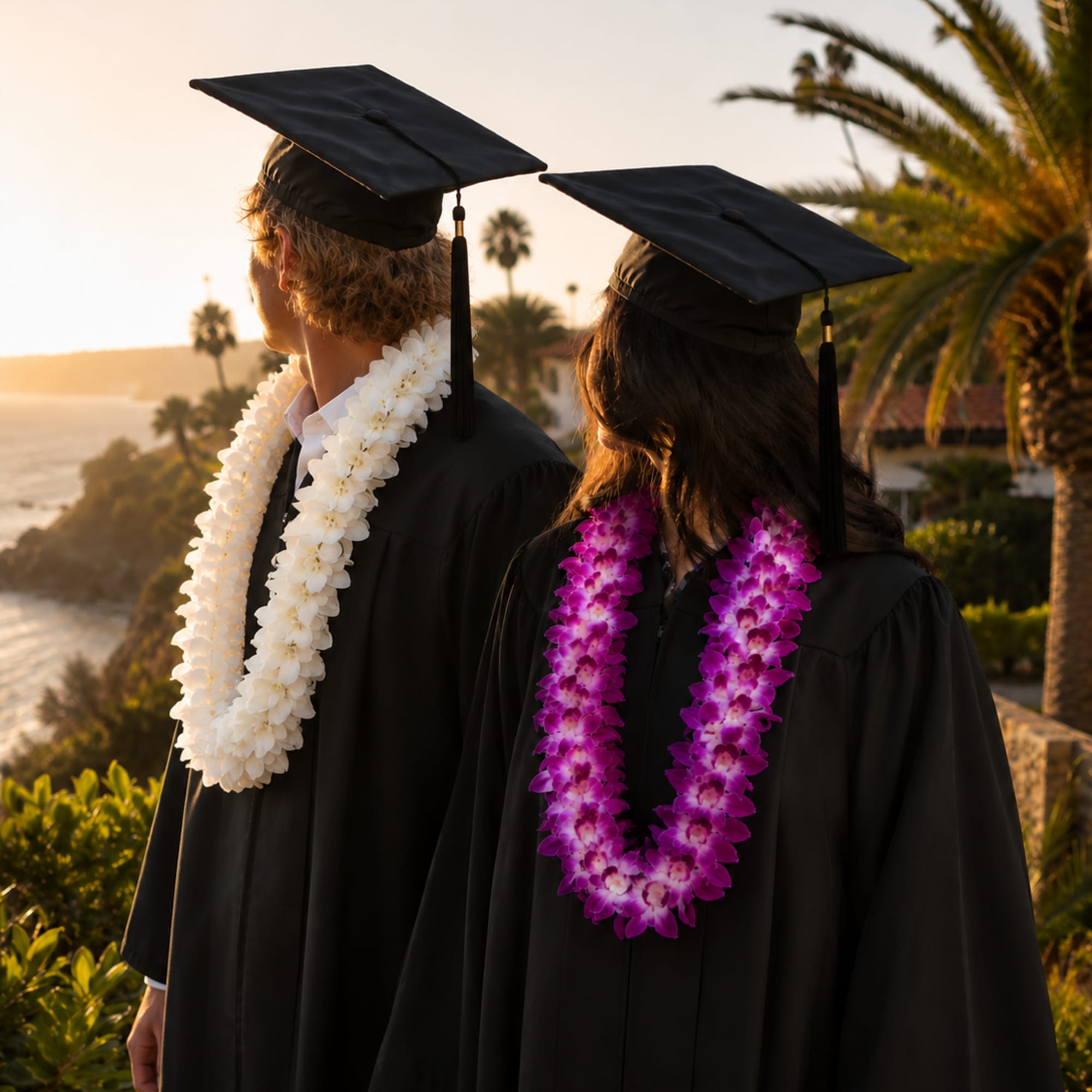 Two graduates in caps and gowns wear orchid leis outdoors at sunset.