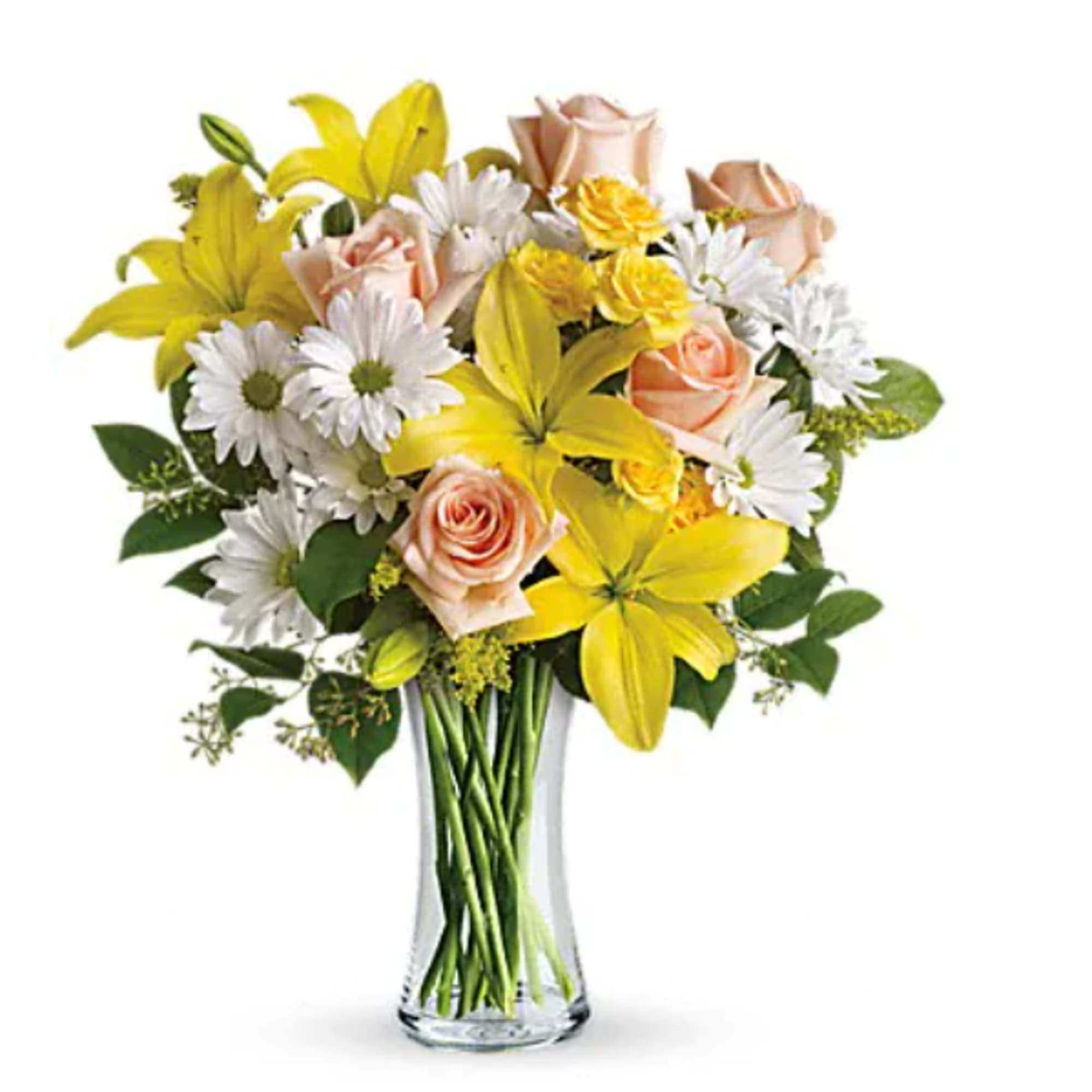 Bouquet of yellow lilies, peach roses, and white daisies in a glass vase