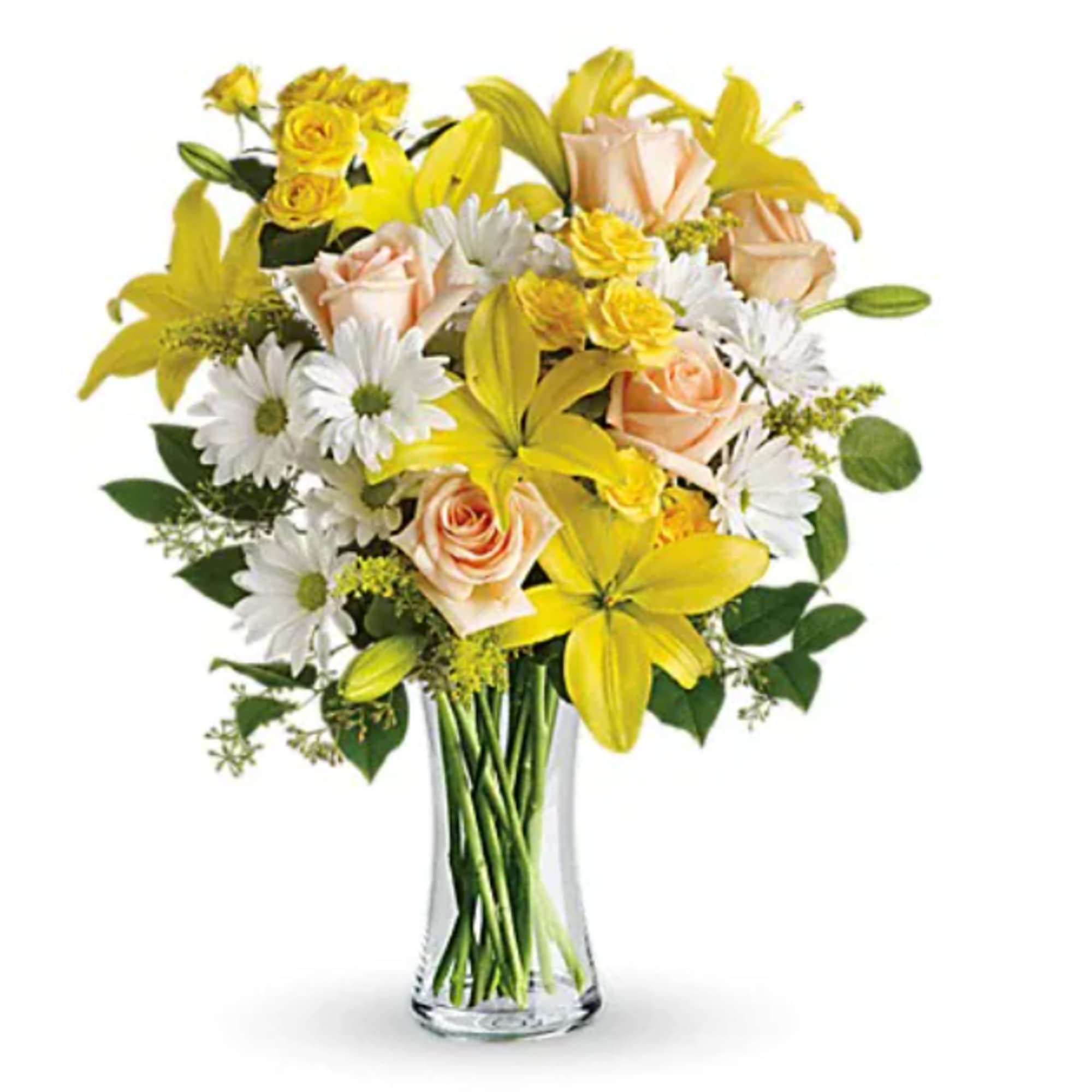 Bouquet of yellow lilies, peach roses, and white daisies in a clear glass vase