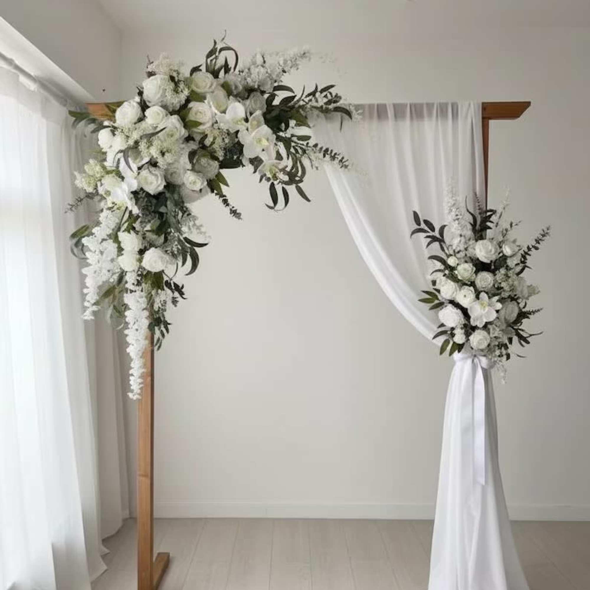 Elegant White Fabric Arch Decoration Backdrop with Floral Accents - Wrinkle-Resistant, Classic