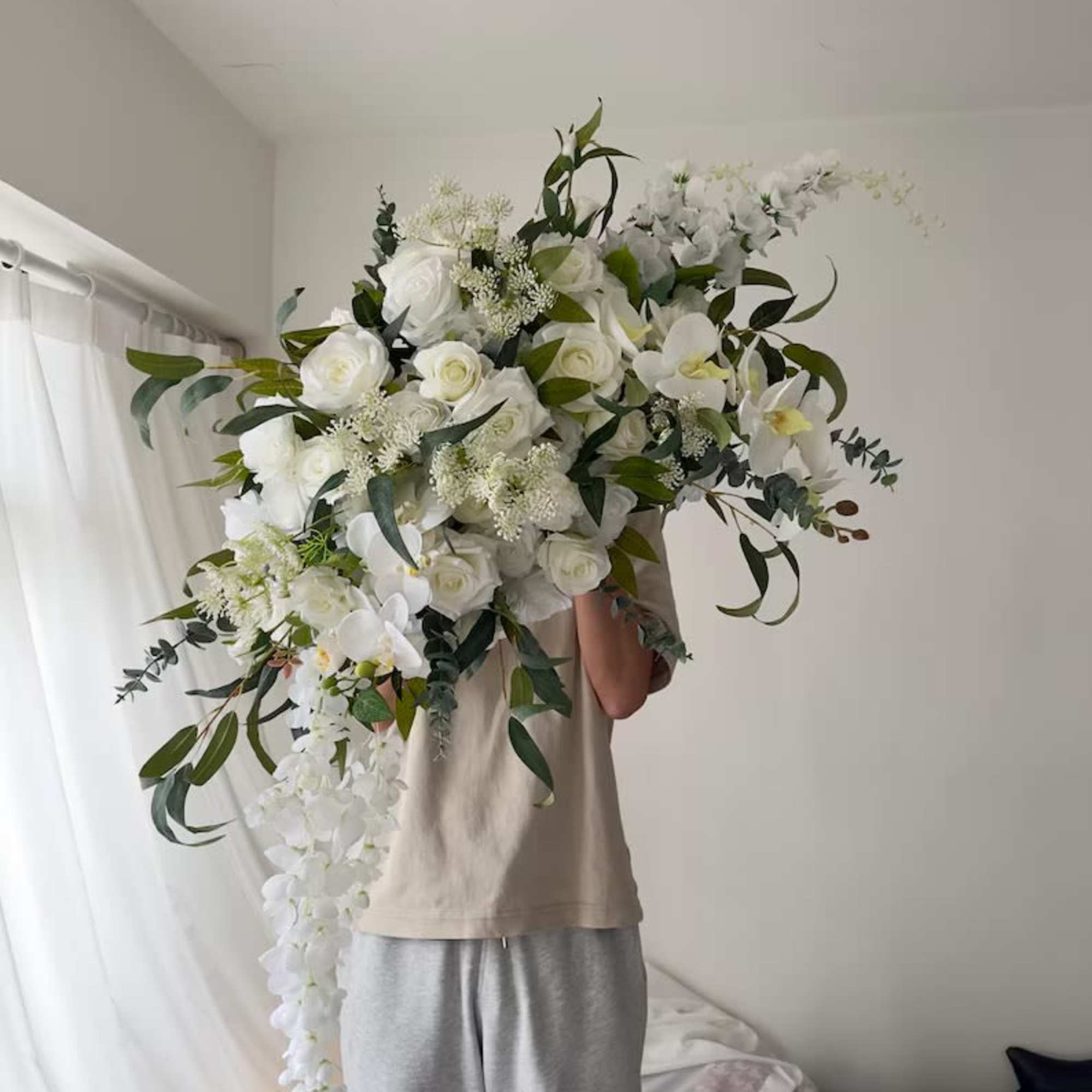 Elegant White Fabric Arch Decoration Backdrop with Floral Accents - Wrinkle-Resistant, Classic