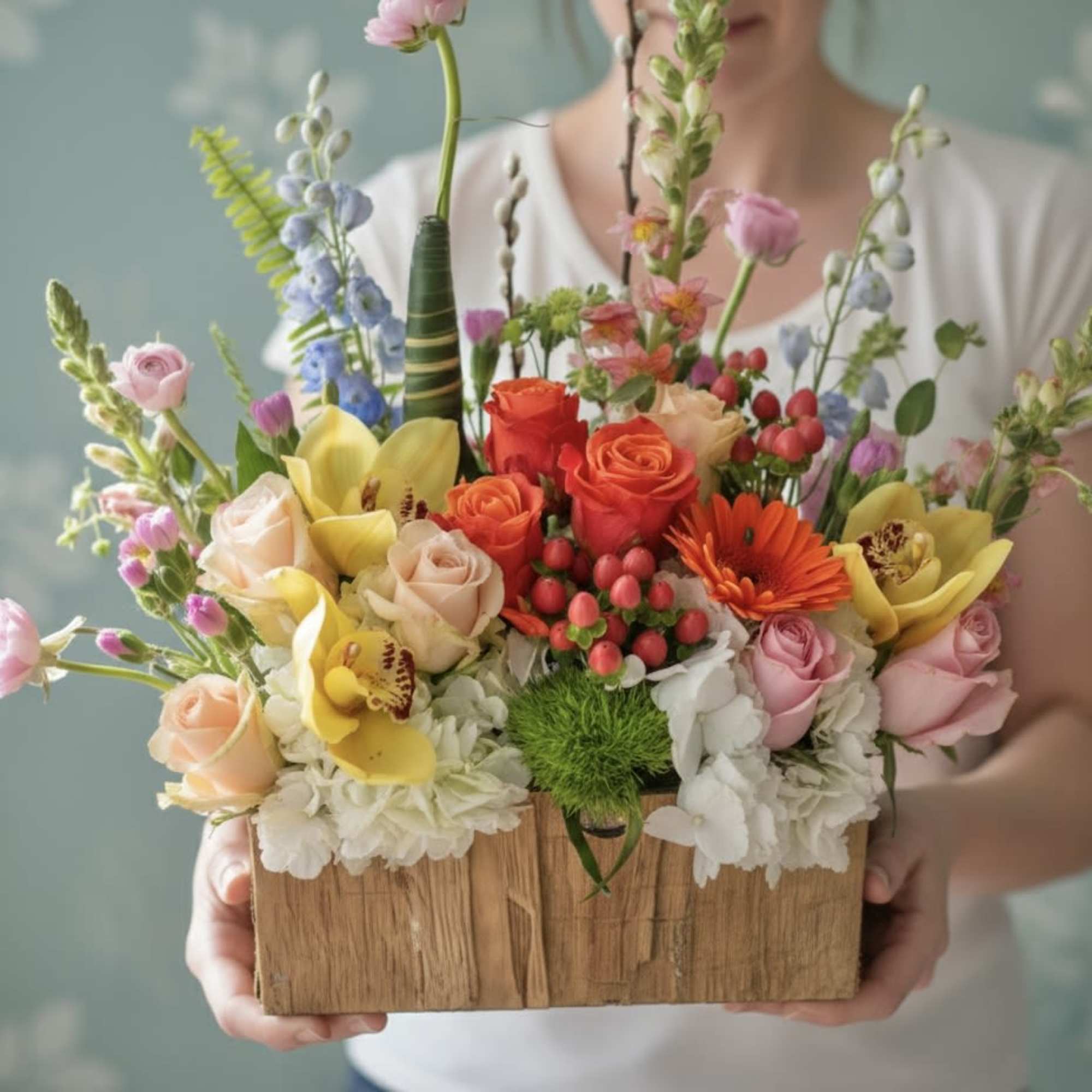 Mixed bouquet in a wooden box with roses, orchids, and gerbera daisies