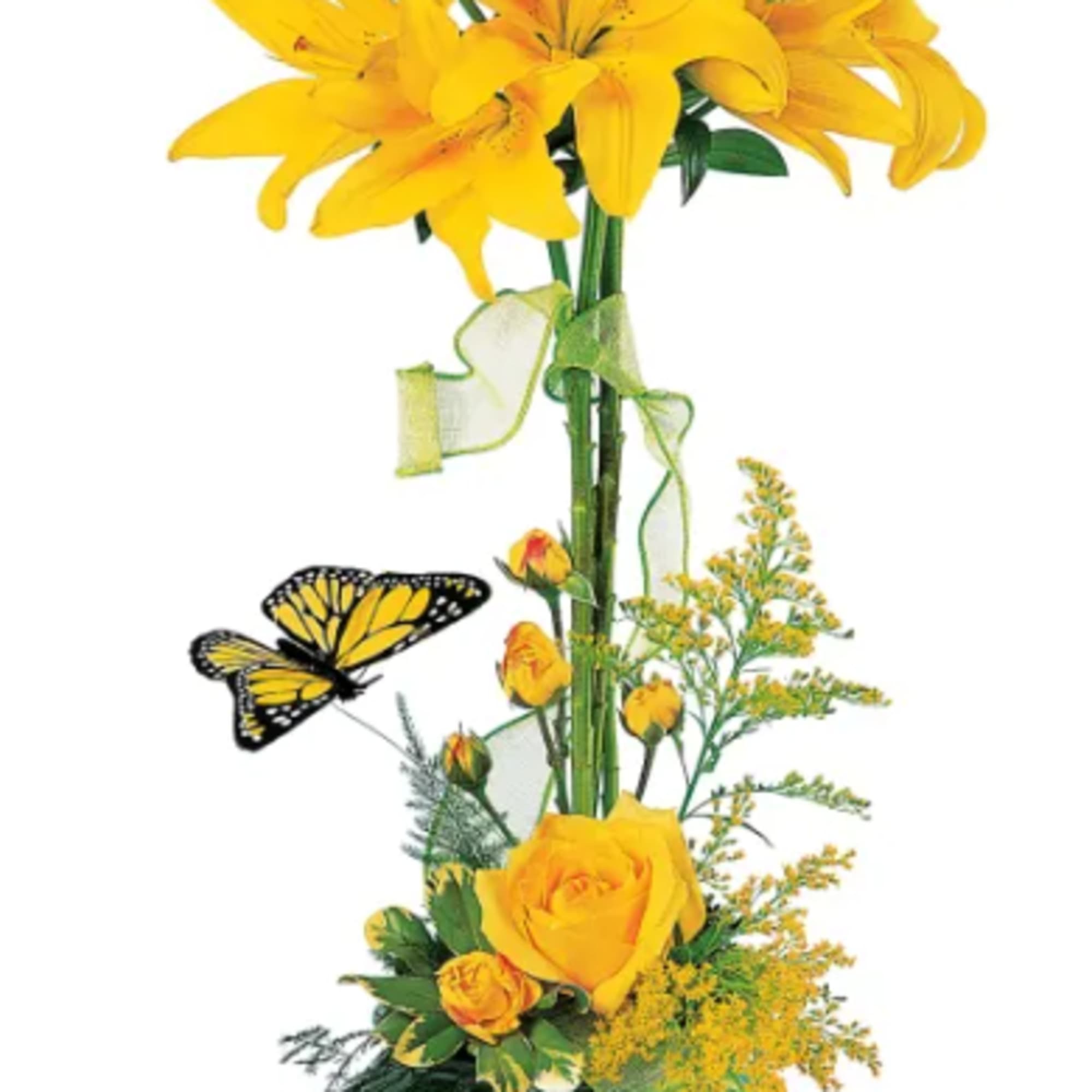 Yellow lilies and roses in a green vase with a butterfly accent